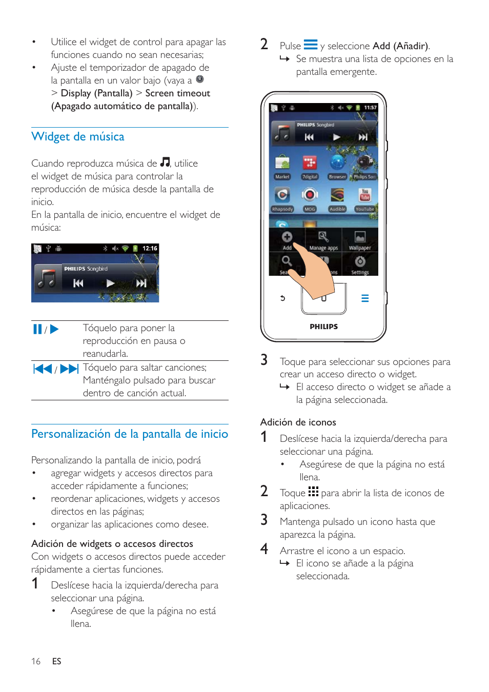 Widget de control de carga, Widget de música | Philips GoGEAR Mini tableta con Android™ User Manual | Page 16 / 76