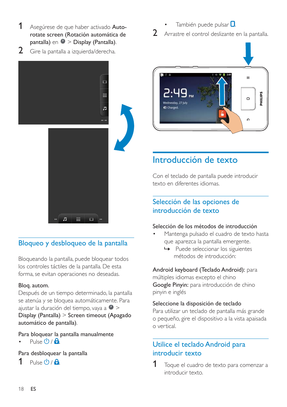 Pantallas, Giro de pantalla | Philips GoGEAR Mini tableta con Android™ User Manual | Page 18 / 76