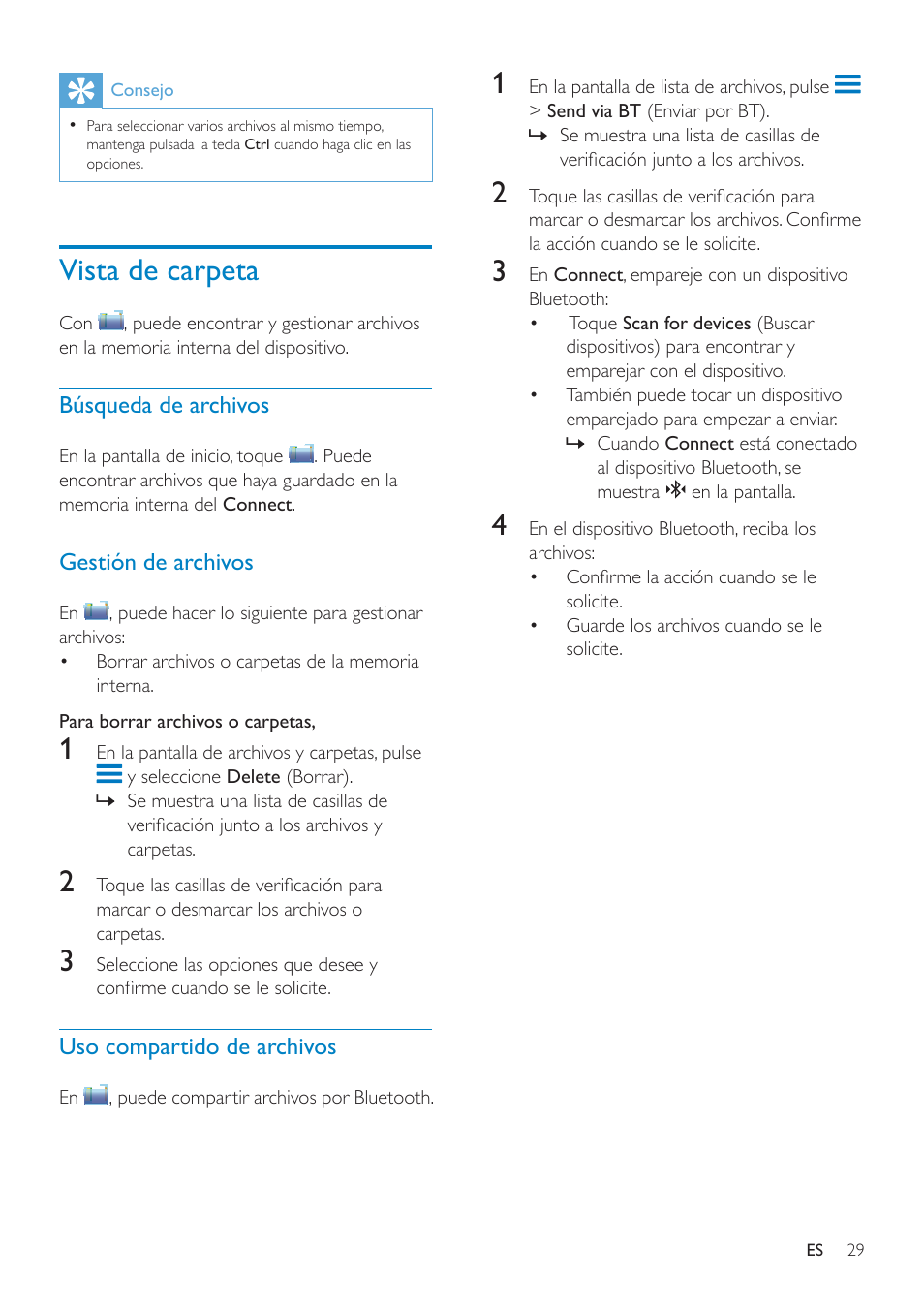 Vista de carpeta, Búsqueda de archivos, Gestión de archivos | Philips GoGEAR Mini tableta con Android™ User Manual | Page 29 / 76