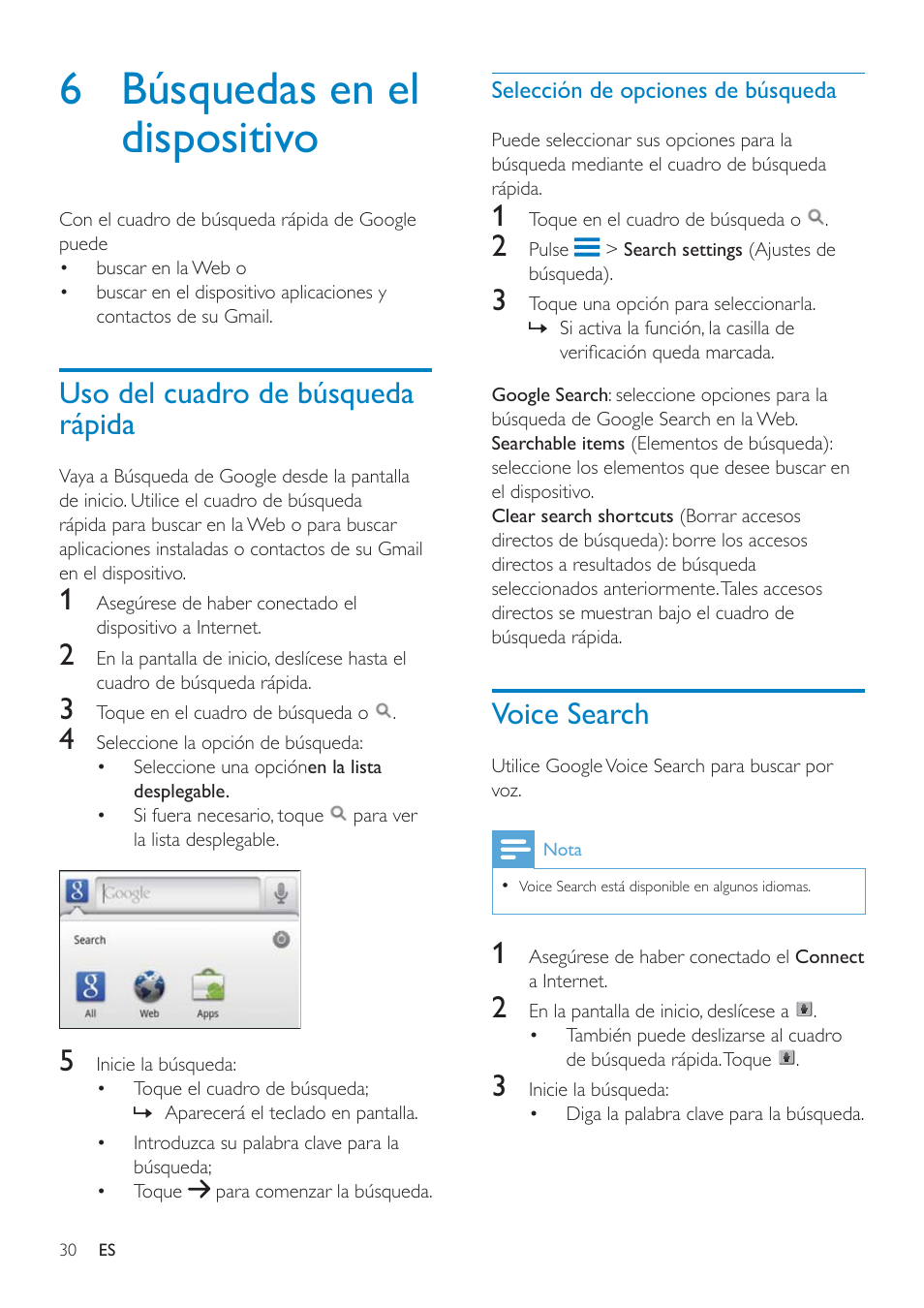 Uso compartido de archivos, 6 búsquedas en el dispositivo, Voice search | Uso del cuadro de búsqueda rápida | Philips GoGEAR Mini tableta con Android™ User Manual | Page 30 / 76