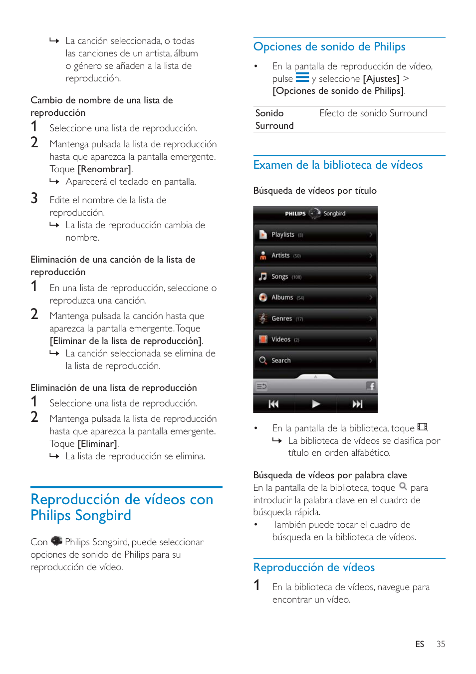 Cambio entre pantallas, Listas de reproducción | Philips GoGEAR Mini tableta con Android™ User Manual | Page 35 / 76
