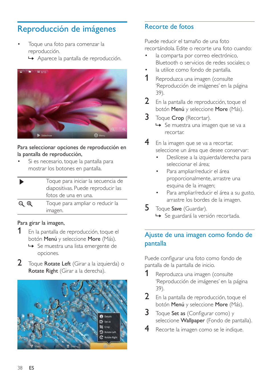 8 galería, Exploración de la biblioteca, Reproducción de vídeos | Selección de las opciones de reproducción, Selección de opciones de sonido | Philips GoGEAR Mini tableta con Android™ User Manual | Page 38 / 76