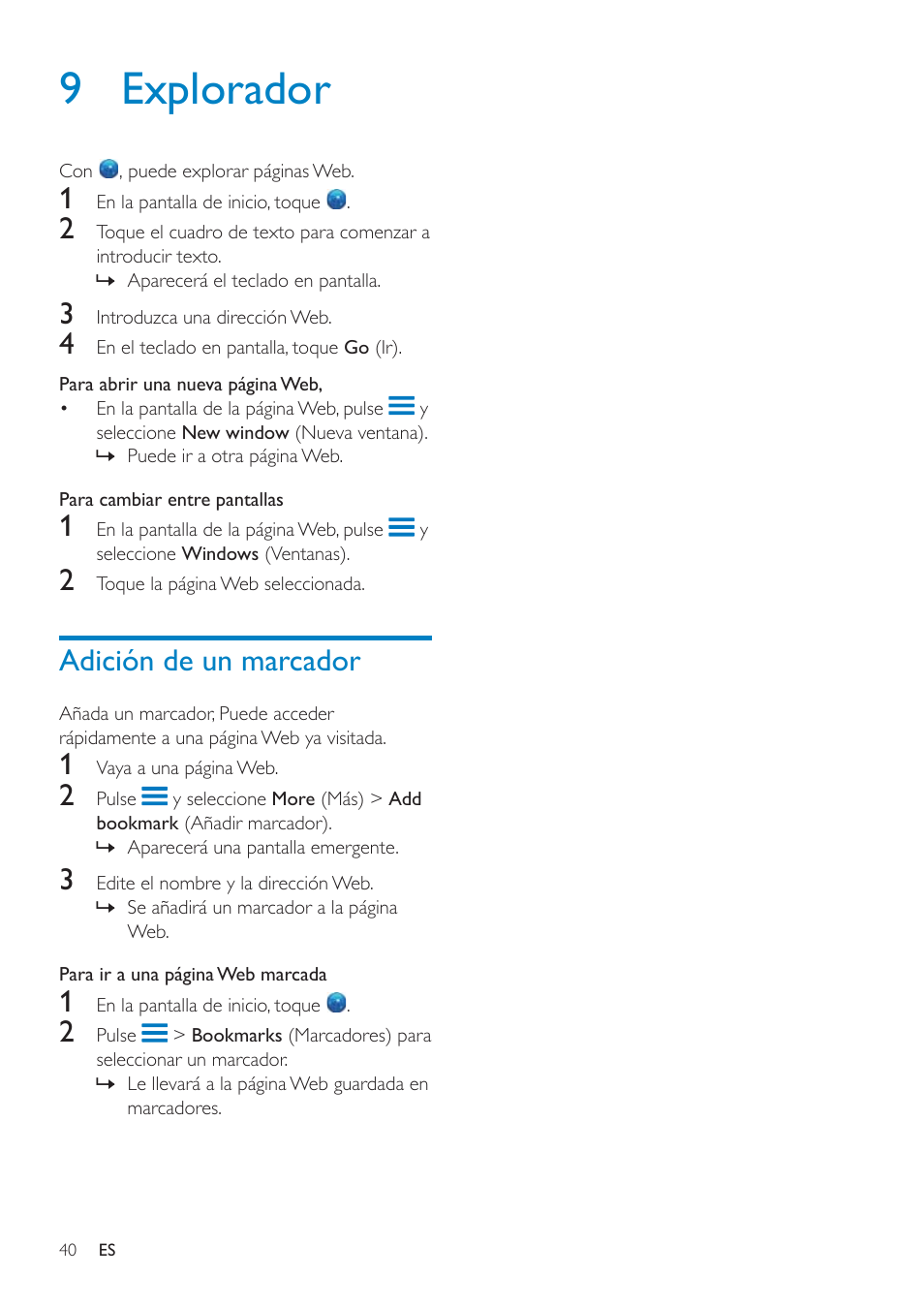 Eliminación de imágenes, 9 explorador, Adición de un marcador | Philips GoGEAR Mini tableta con Android™ User Manual | Page 40 / 76