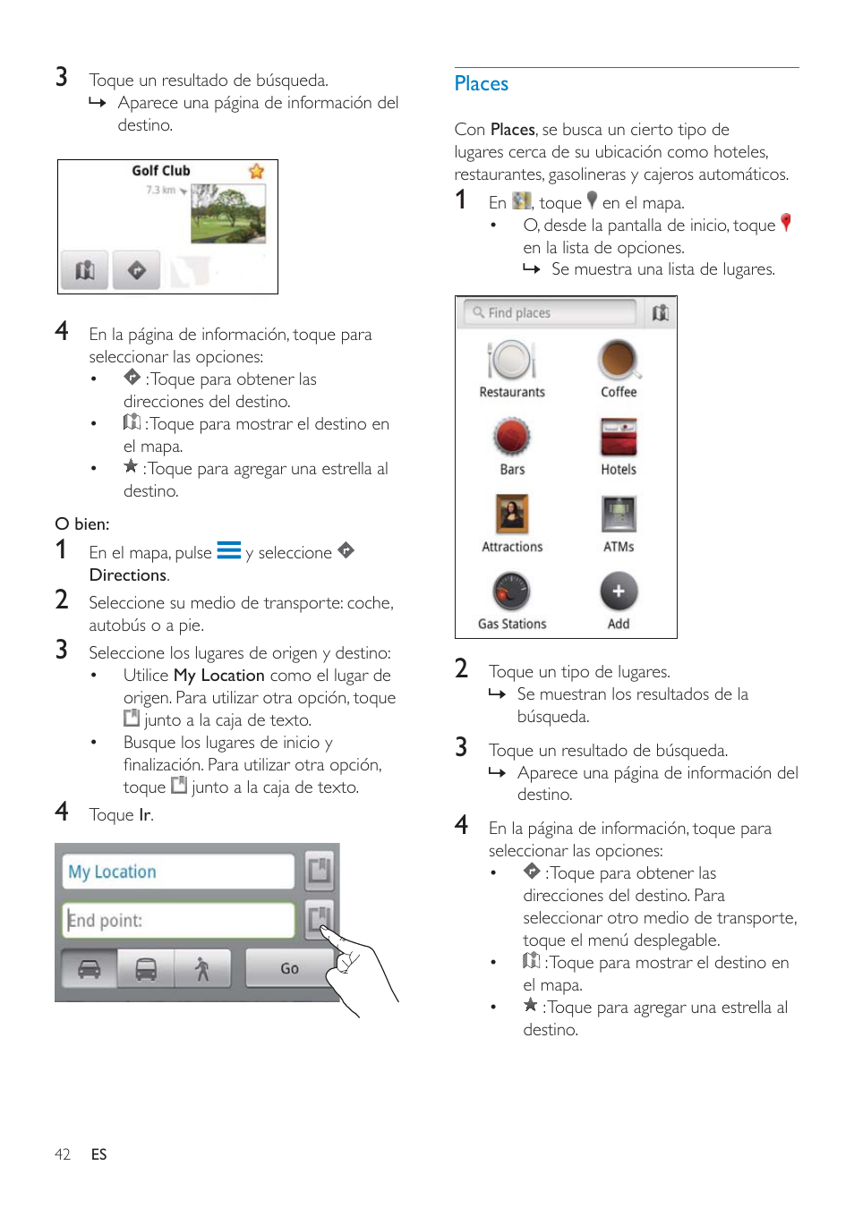 10 maps, Búsqueda de mi ubicación, Búsqueda de lugares | Direcciones | Philips GoGEAR Mini tableta con Android™ User Manual | Page 42 / 76