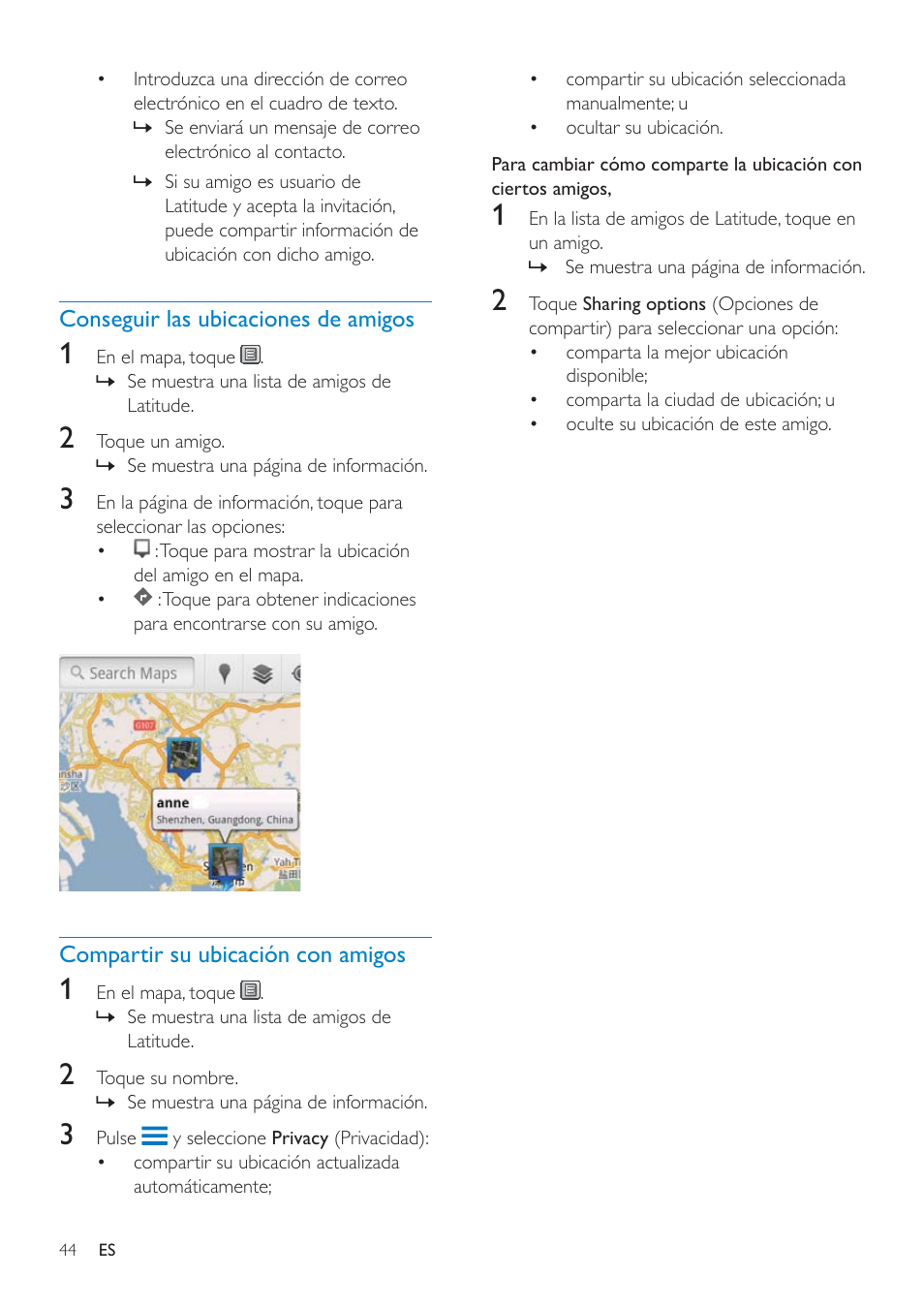 Vista del mapa, Navigation, Compartir ubicaciones con amigos | Unirse a latitude, Agregar a amigos | Philips GoGEAR Mini tableta con Android™ User Manual | Page 44 / 76