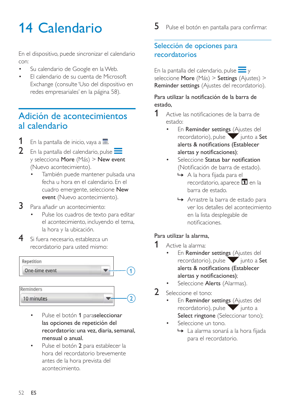 Audición de música con auriculares estéreo, Bluetooth, 14 calendario | Adición de acontecimientos al calendario 1 | Philips GoGEAR Mini tableta con Android™ User Manual | Page 52 / 76