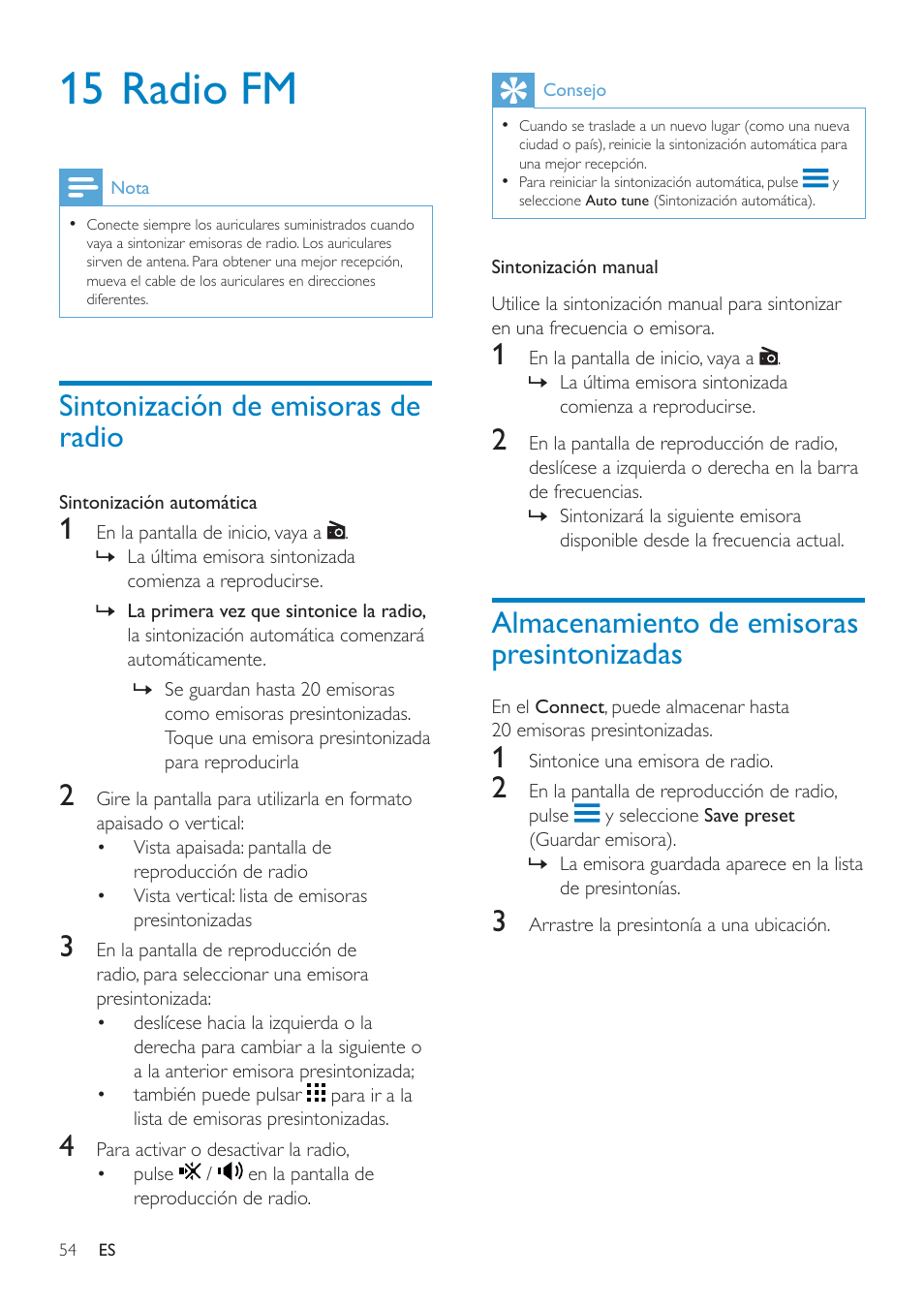Visualización del calendario, Edición de un acontecimiento, 15 radio fm | Almacenamiento de emisoras presintonizadas, Sintonización de emisoras de radio | Philips GoGEAR Mini tableta con Android™ User Manual | Page 54 / 76