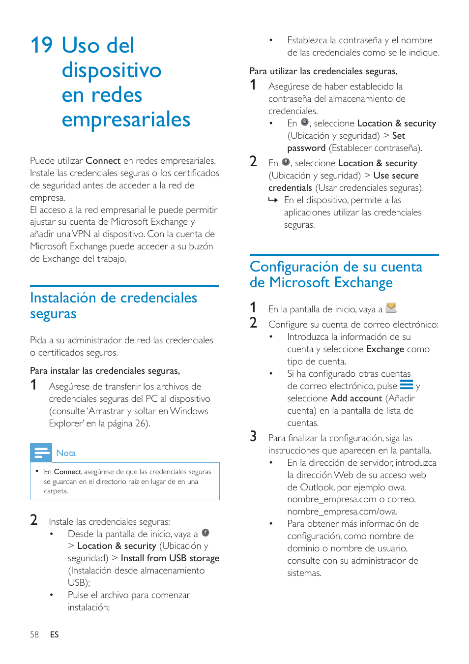 18 calculadora, 19 uso del dispositivo en redes empresariales, Rqàjxudflyqghvxfxhqwd de microsoft exchange 1 | Instalación de credenciales seguras | Philips GoGEAR Mini tableta con Android™ User Manual | Page 58 / 76