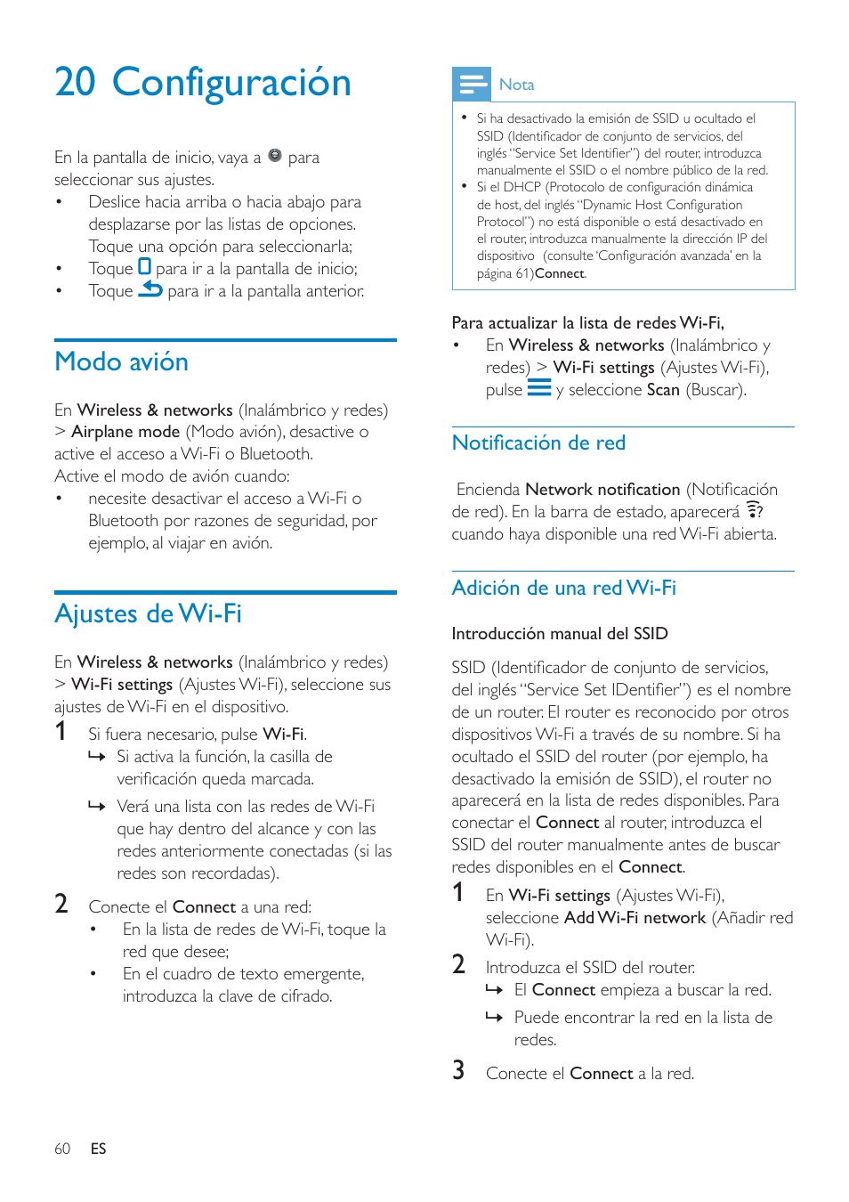 Adición de una vpn, 20 configuración, Modo avión | Ajustes de wi-fi | Philips GoGEAR Mini tableta con Android™ User Manual | Page 60 / 76
