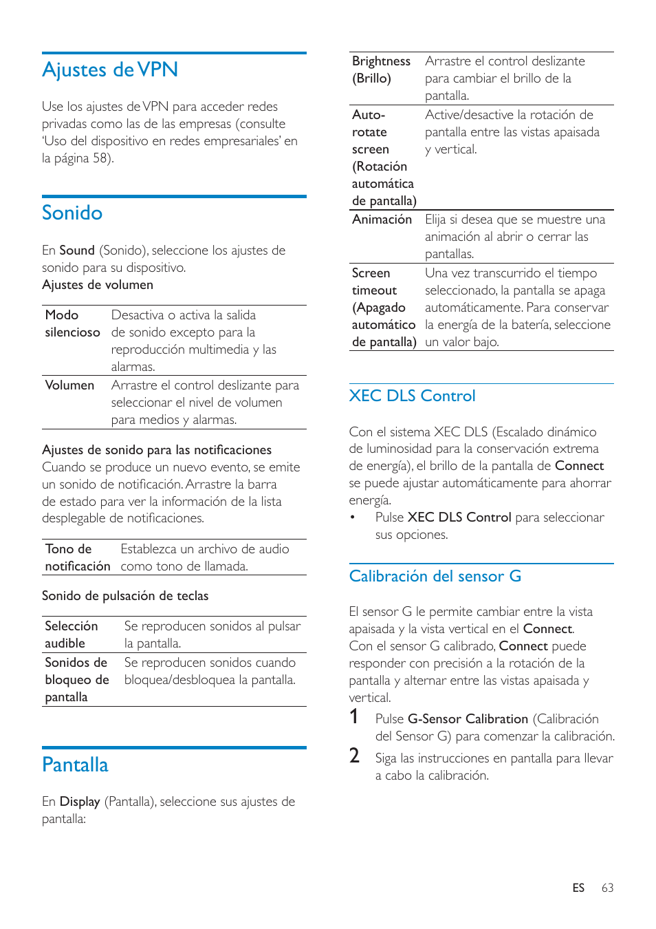 Compartir internet, Ajustes de vpn, Sonido | Pantalla | Philips GoGEAR Mini tableta con Android™ User Manual | Page 63 / 76