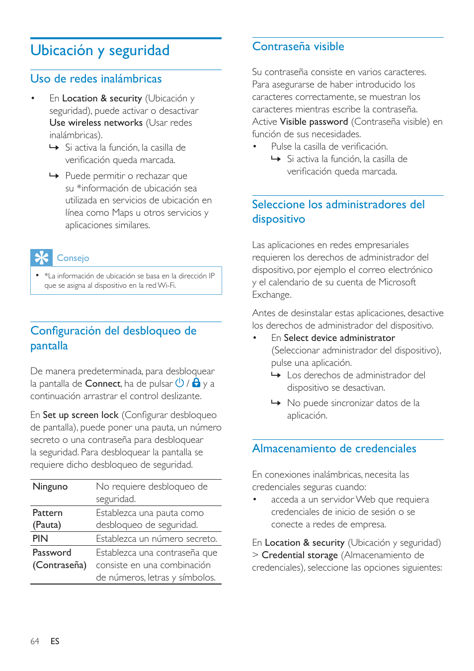 Ajustes de vpn, Sonido, Pantalla | Xec dls control, Calibración del sensor g, Ubicación y seguridad, Contraseña visible, Seleccione los administradores del dispositivo, Almacenamiento de credenciales, Uso de redes inalámbricas | Philips GoGEAR Mini tableta con Android™ User Manual | Page 64 / 76