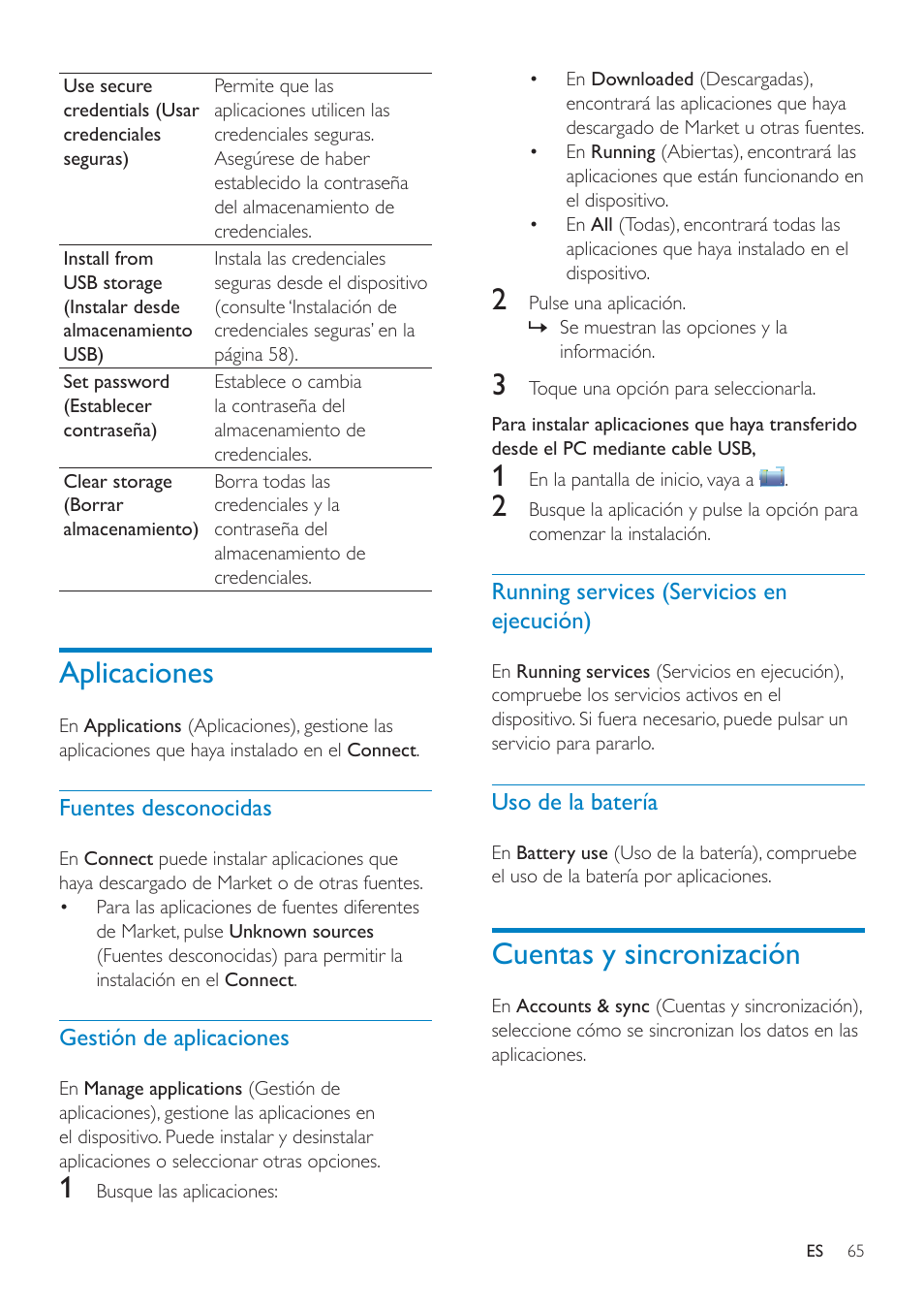 Ubicación y seguridad, Uso de redes inalámbricas, Configuración del desbloqueo de pantalla | Contraseña visible, Seleccione los administradores del dispositivo, Almacenamiento de credenciales, Rqàjxudflyqghoghveortxhrghsdqwdood, 65 almacenamiento de credenciales, Cuentas y sincronización, Aplicaciones | Philips GoGEAR Mini tableta con Android™ User Manual | Page 65 / 76