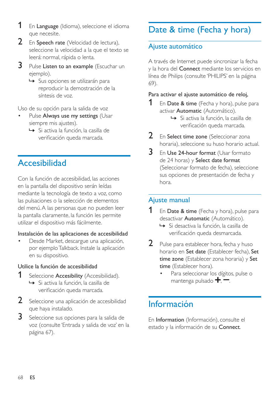 Entrada y salida de voz, Date & time (fecha y hora), Información | Accesibilidad | Philips GoGEAR Mini tableta con Android™ User Manual | Page 68 / 76