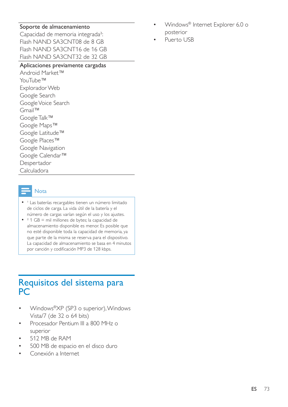 22 datos técnicos, Requisitos del sistema para pc | Philips GoGEAR Mini tableta con Android™ User Manual | Page 73 / 76