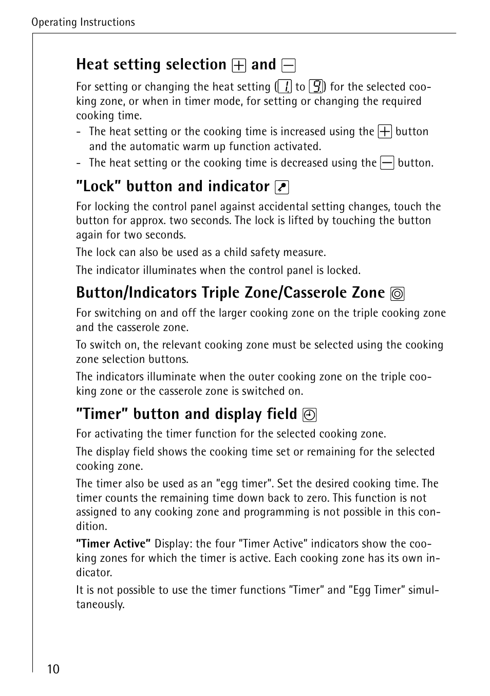 Heat setting selection and, Lock" button and indicator, Button/indicators triple zone/casserole zone | Timer" button and display field | AEG 95300KA-MN User Manual | Page 10 / 32