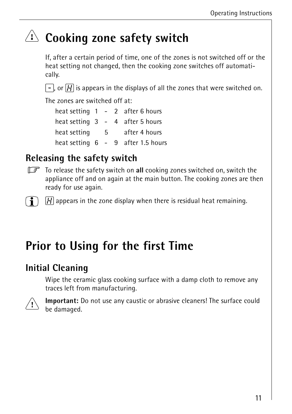 Cooking zone safety switch, Prior to using for the first time, Releasing the safety switch | Initial cleaning | AEG 95300KA-MN User Manual | Page 11 / 32