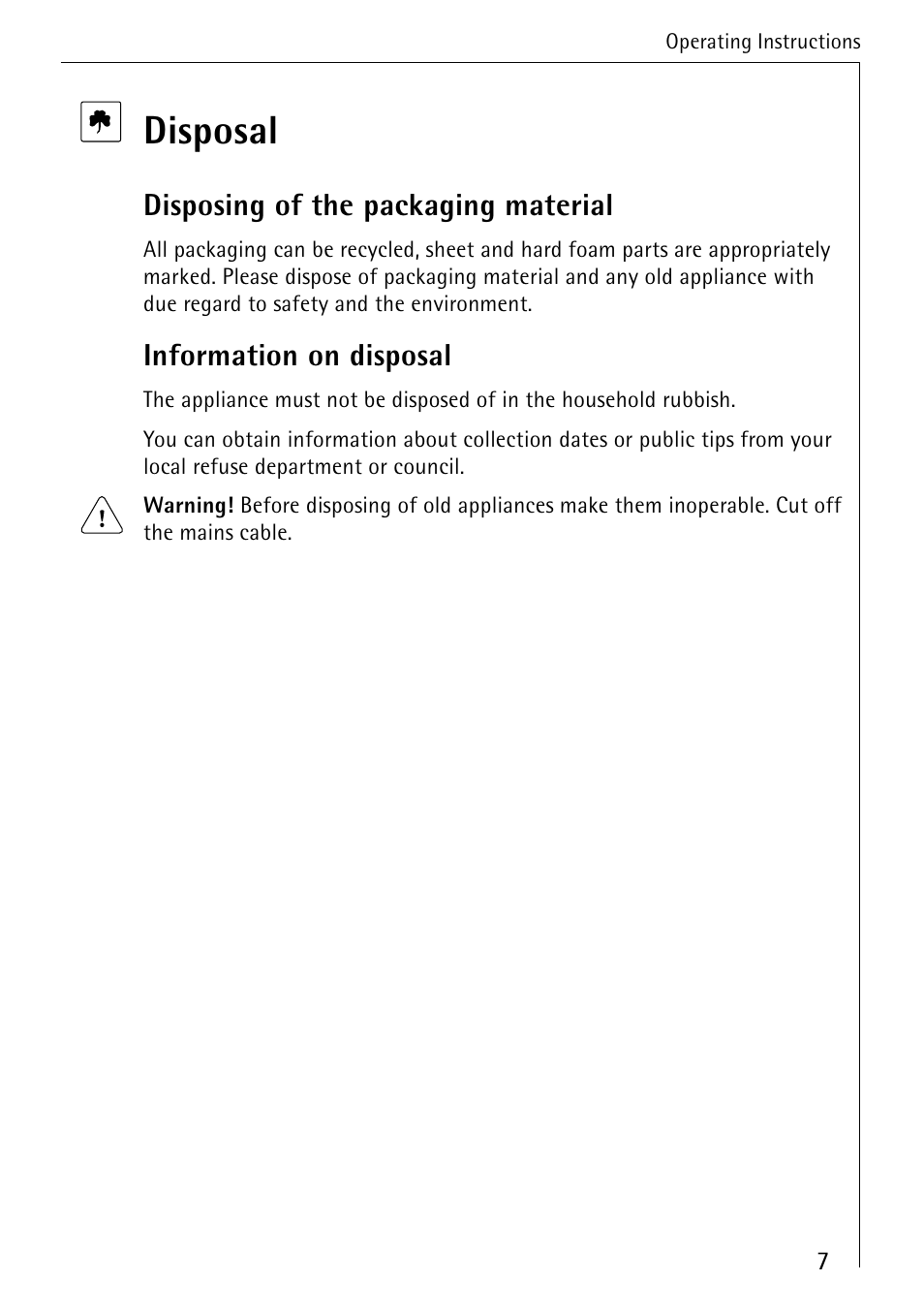 Disposal, Disposing of the packaging material, Information on disposal | AEG 95300KA-MN User Manual | Page 7 / 32