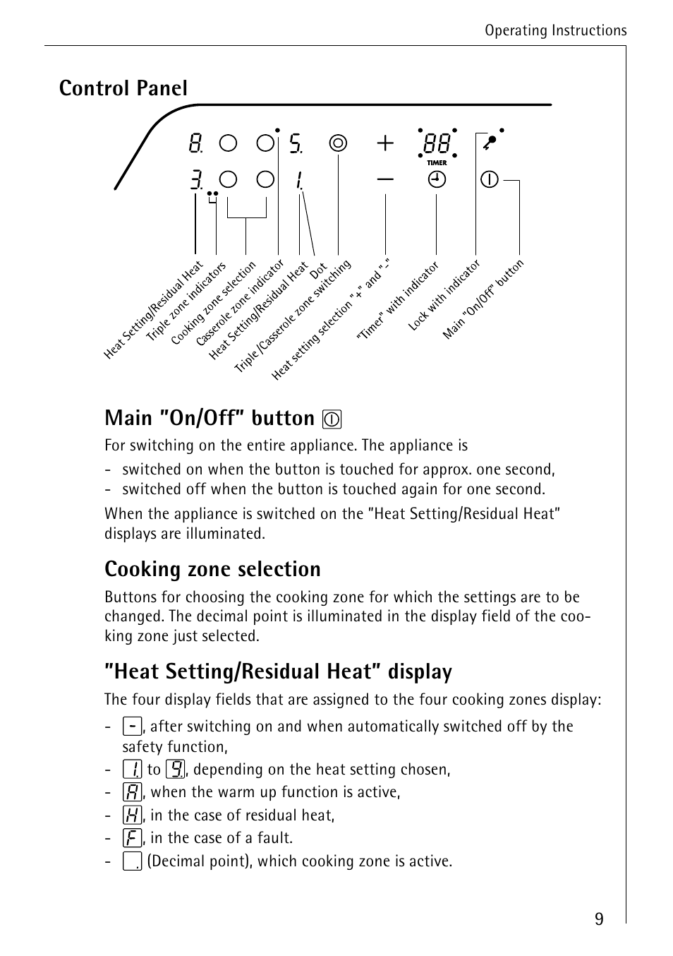 Control panel main "on/off" button, Cooking zone selection, Heat setting/residual heat" display | AEG 95300KA-MN User Manual | Page 9 / 32