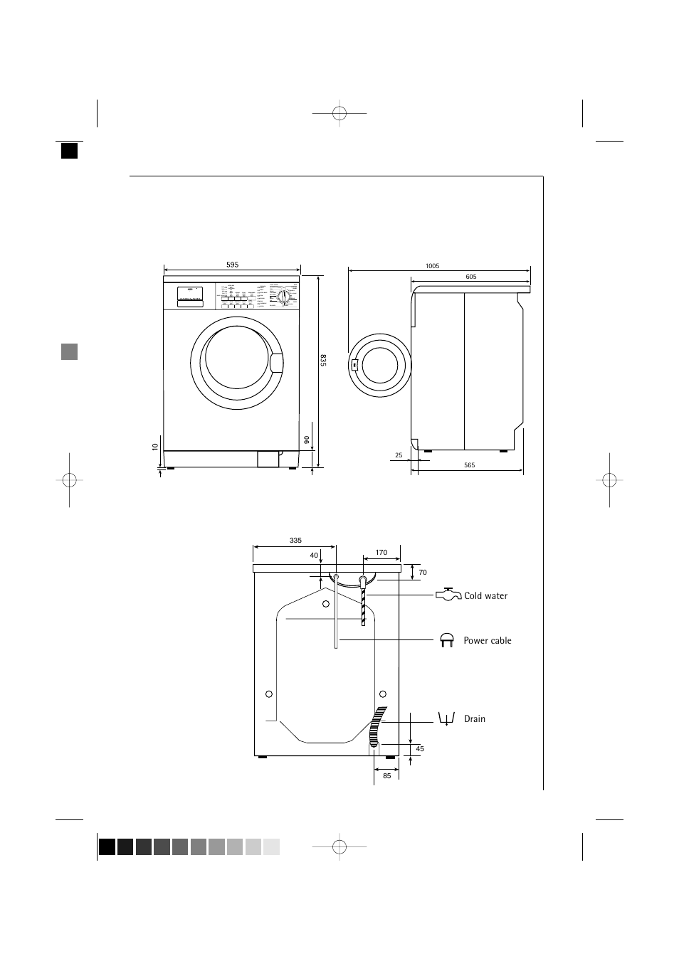 Dimensions of the appliance, Front view and side view rear view | AEG LAVAMAT 16820 User Manual | Page 49 / 56