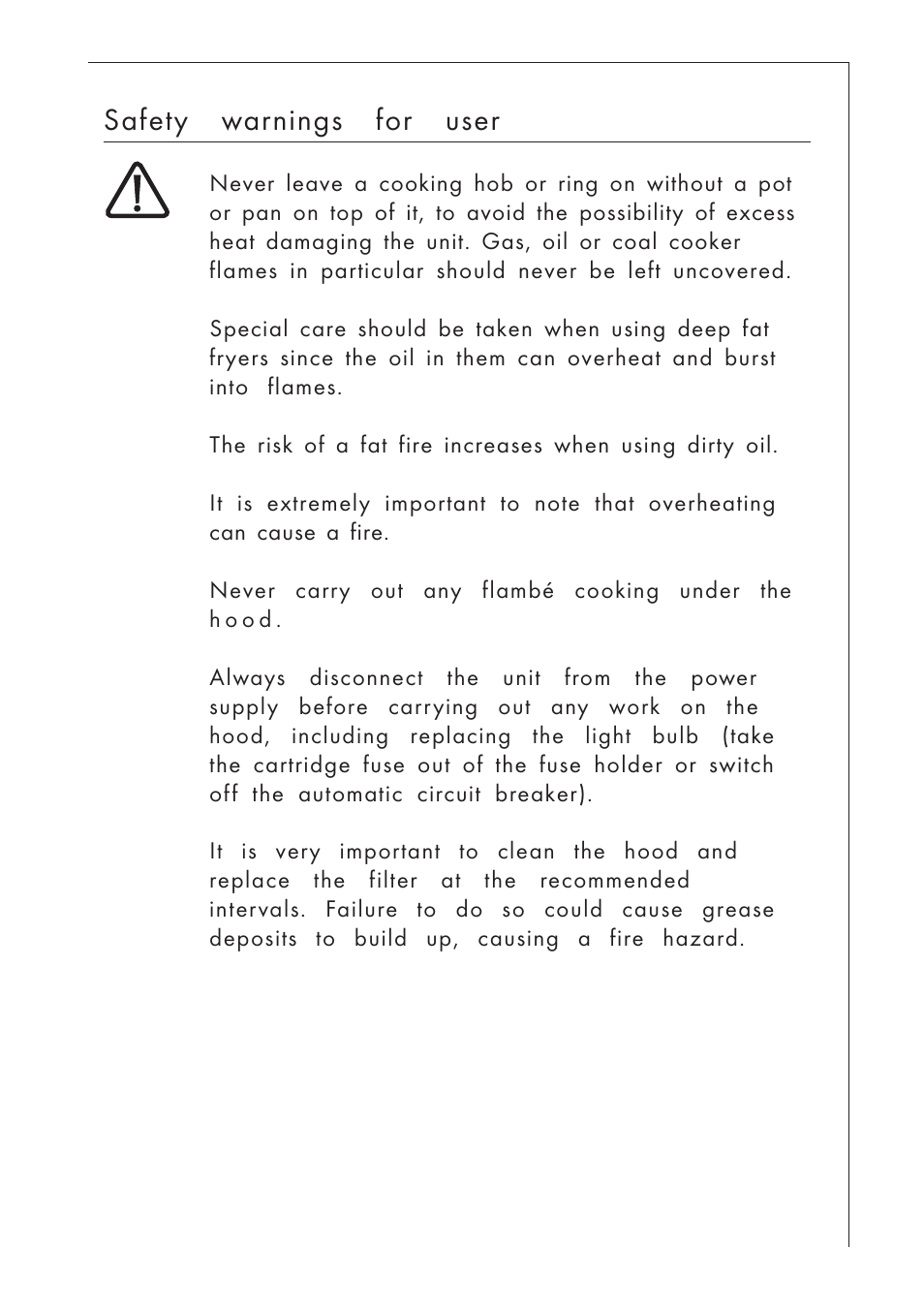 Safety warnings for user | AEG DUNSTABZUGSHAUBE 825 D User Manual | Page 13 / 17