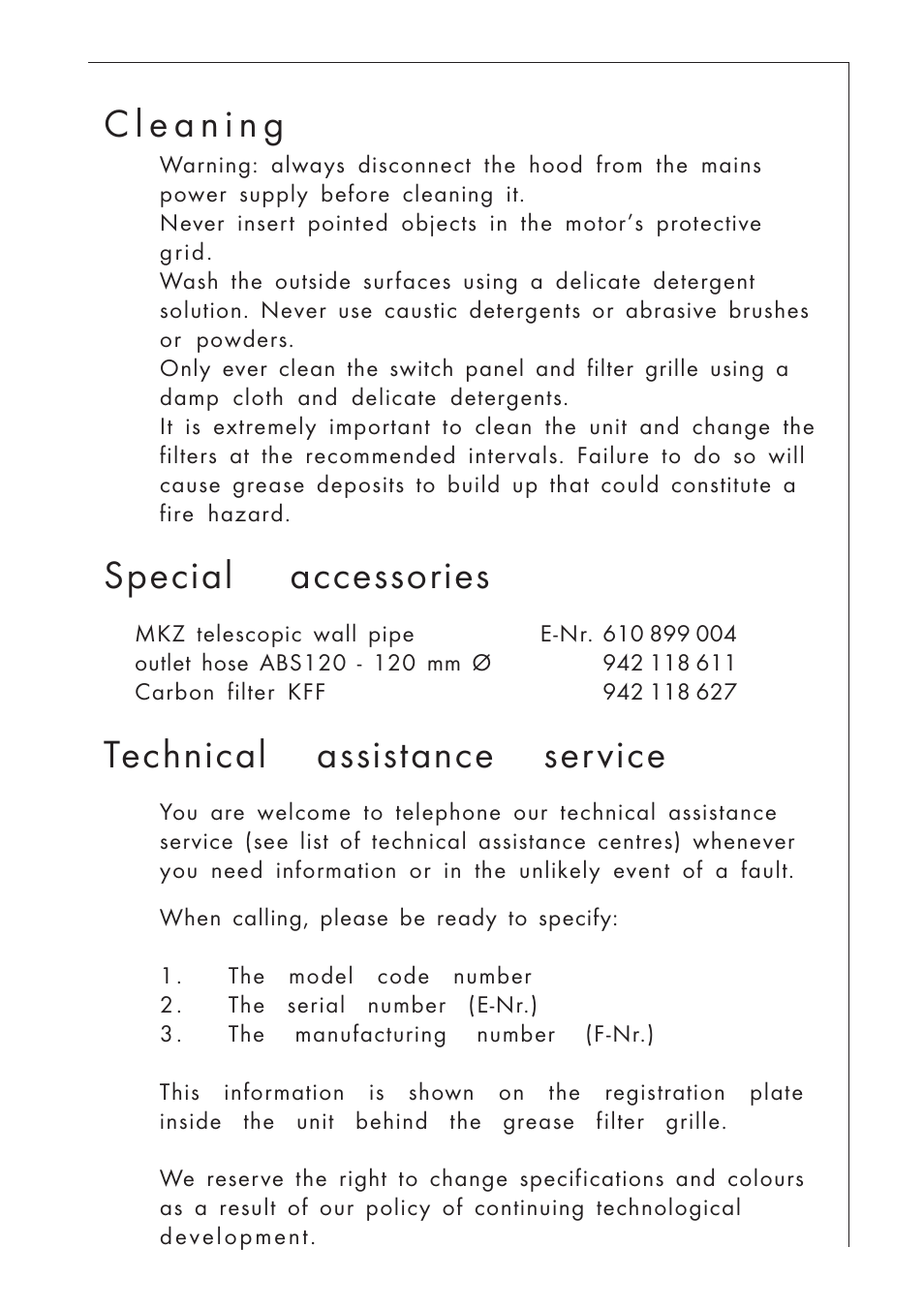 Special accessories, Technical assistance service | AEG DUNSTABZUGSHAUBE 825 D User Manual | Page 17 / 17