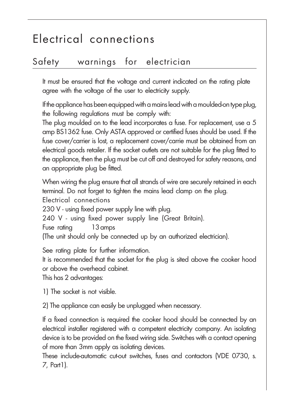 Electrical connections, Safety warnings for electrician | AEG DUNSTABZUGSHAUBE 825 D User Manual | Page 5 / 17