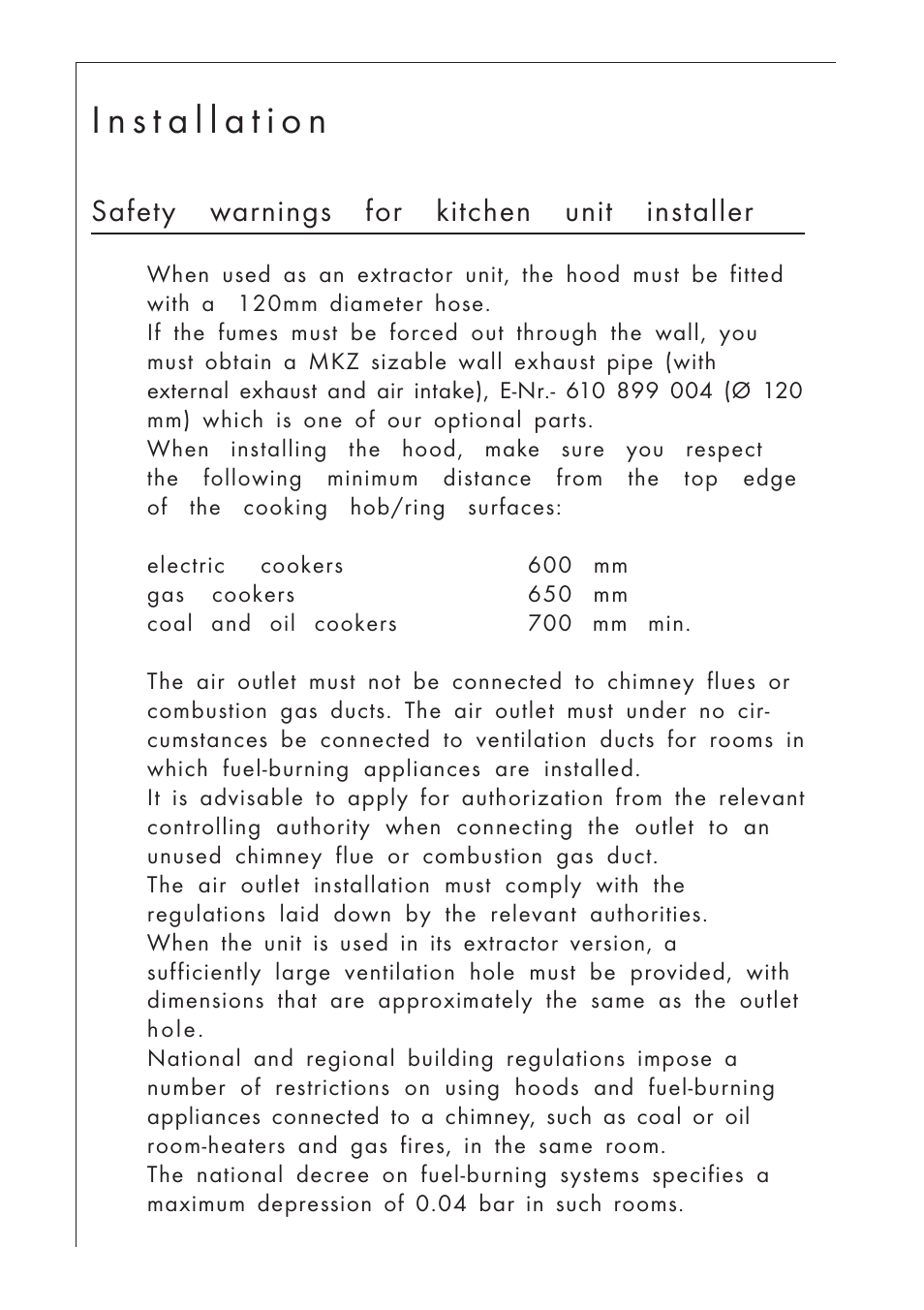 Safety warnings for kitchen unit installer | AEG DUNSTABZUGSHAUBE 825 D User Manual | Page 8 / 17
