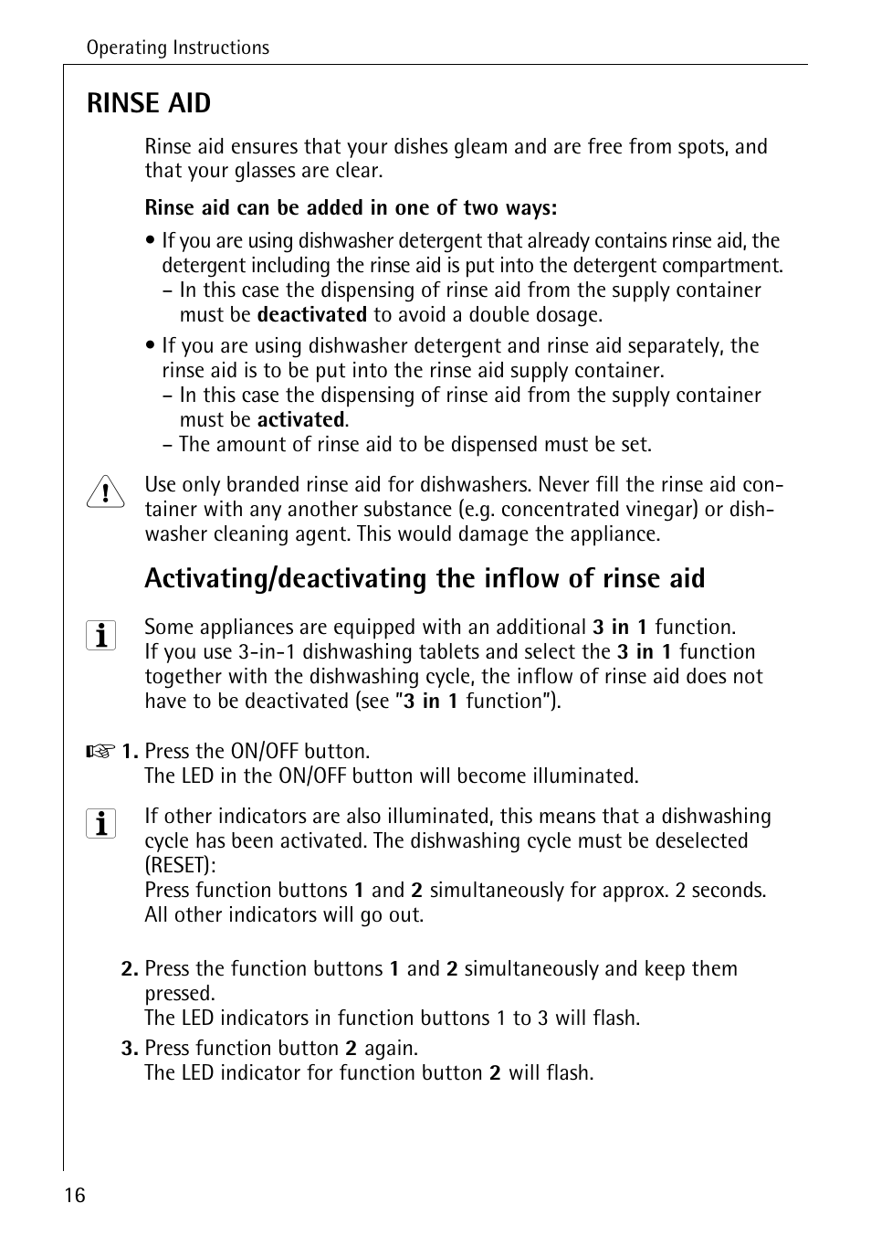 Rinse aid, Activating/deactivating the inflow of rinse aid | AEG FAVORIT 88050 I User Manual | Page 16 / 56