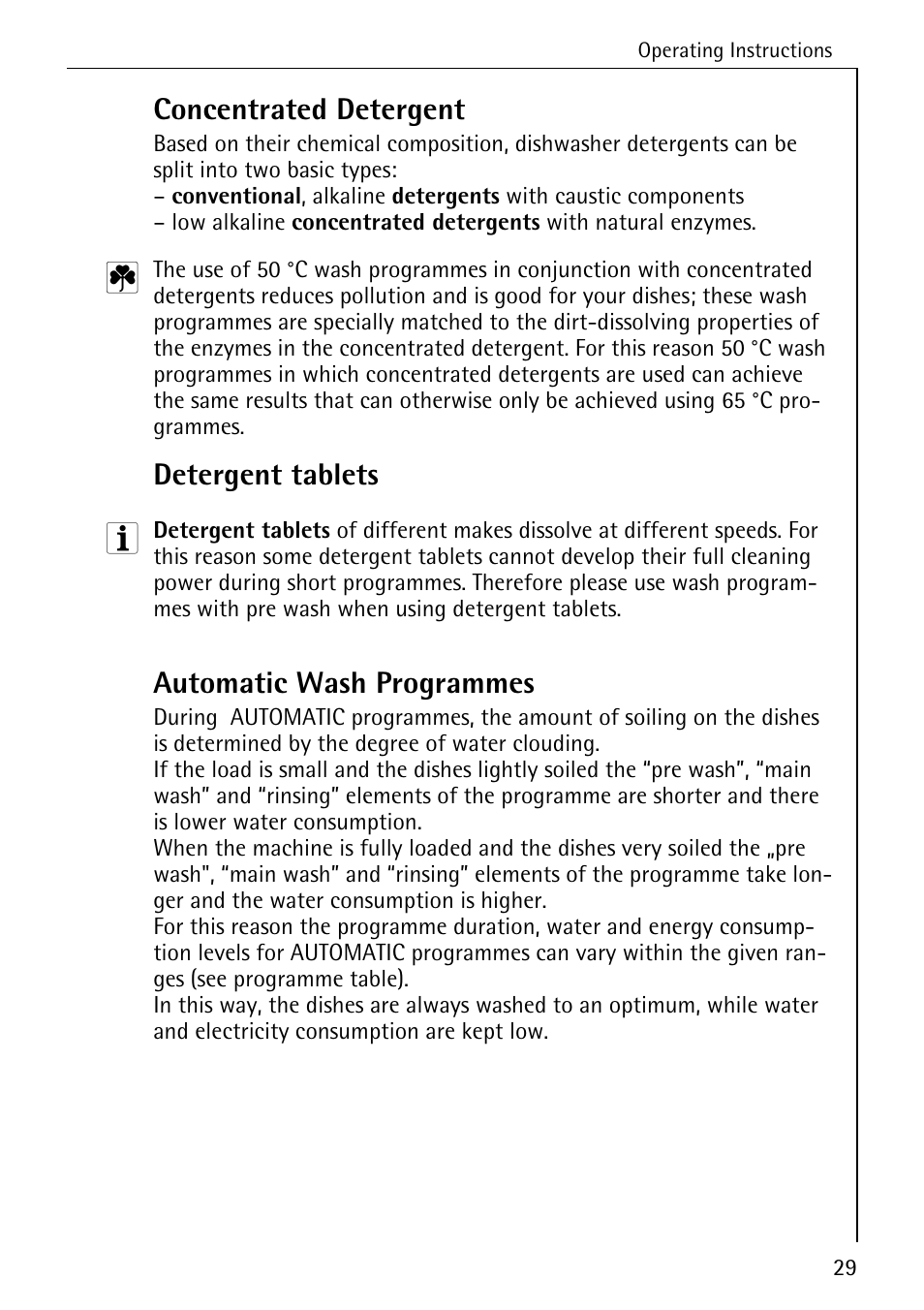 Concentrated detergent, Detergent tablets, Automatic wash programmes | AEG FAVORIT 88050 I User Manual | Page 29 / 56