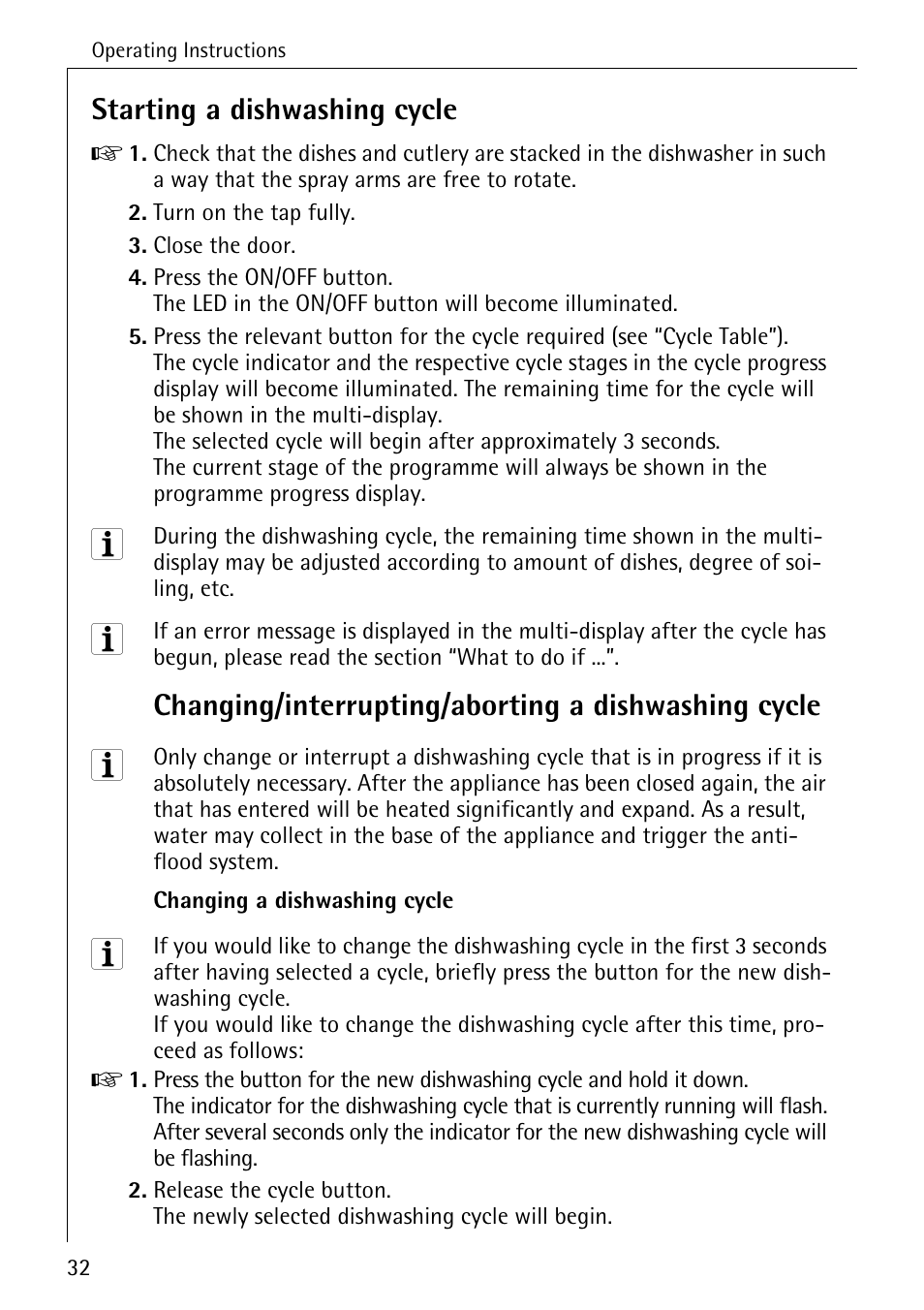 Starting a dishwashing cycle, Changing/interrupting/aborting a dishwashing cycle | AEG FAVORIT 88050 I User Manual | Page 32 / 56