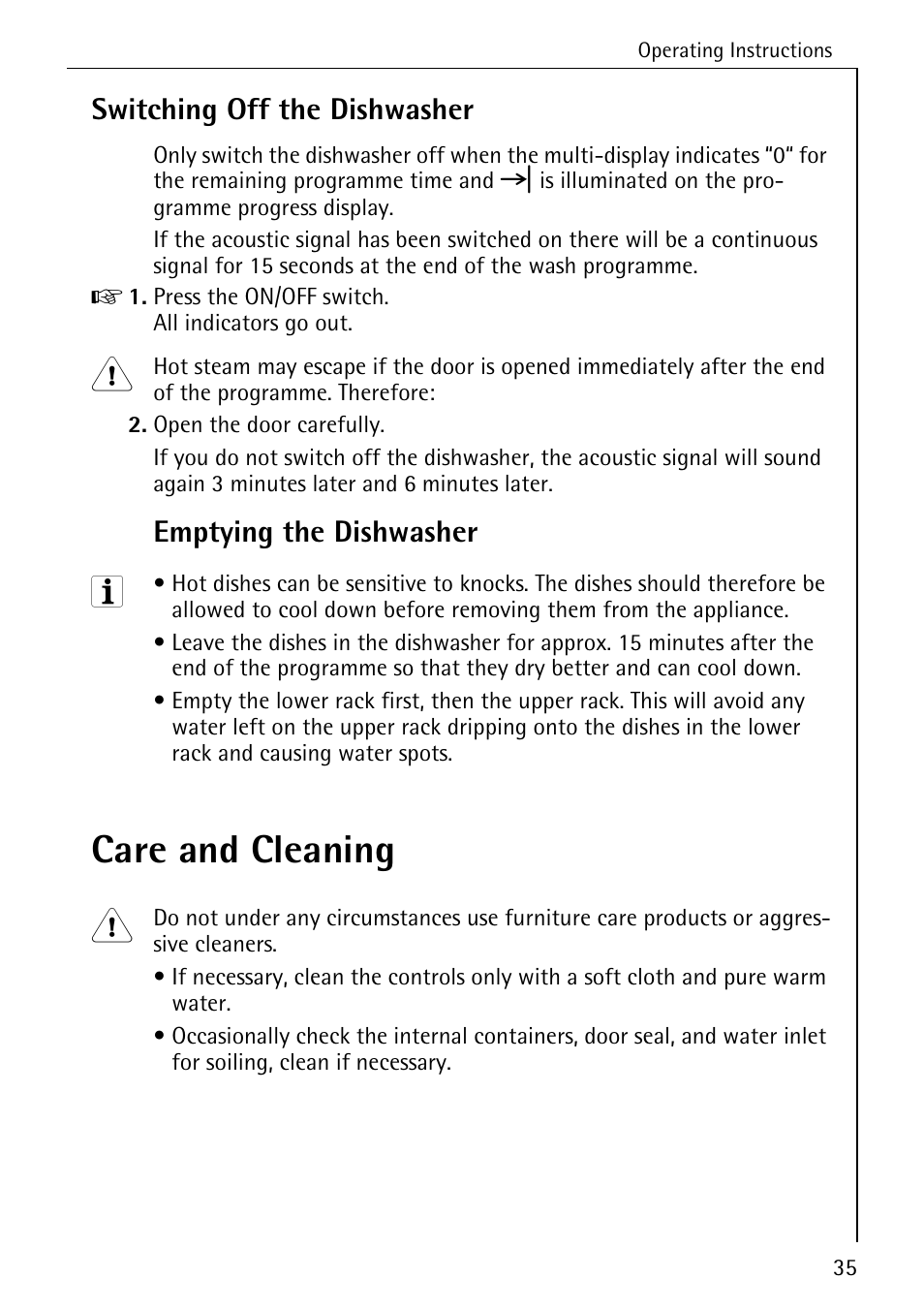 Care and cleaning, Switching off the dishwasher, Emptying the dishwasher | AEG FAVORIT 88050 I User Manual | Page 35 / 56