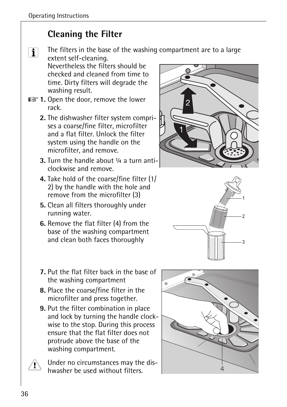 Cleaning the filter | AEG FAVORIT 88050 I User Manual | Page 36 / 56