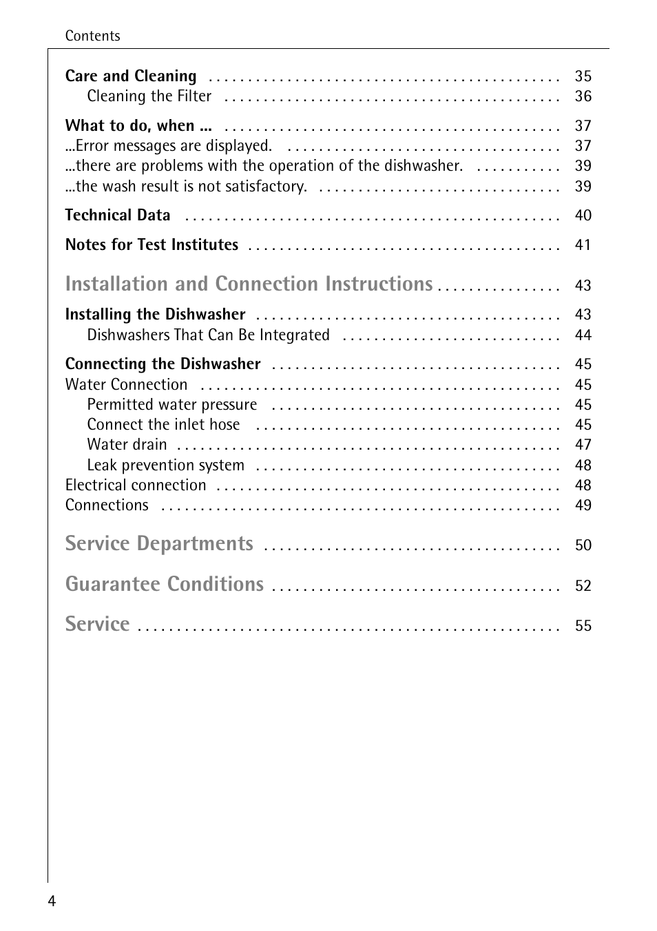 Installation and connection instructions, Service departments, Guarantee conditions | Service | AEG FAVORIT 88050 I User Manual | Page 4 / 56