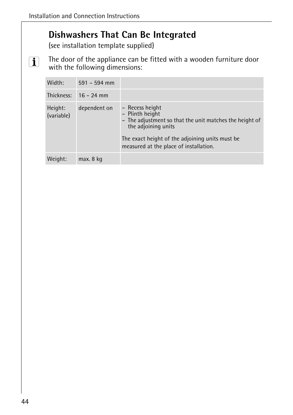 Dishwashers that can be integrated | AEG FAVORIT 88050 I User Manual | Page 44 / 56