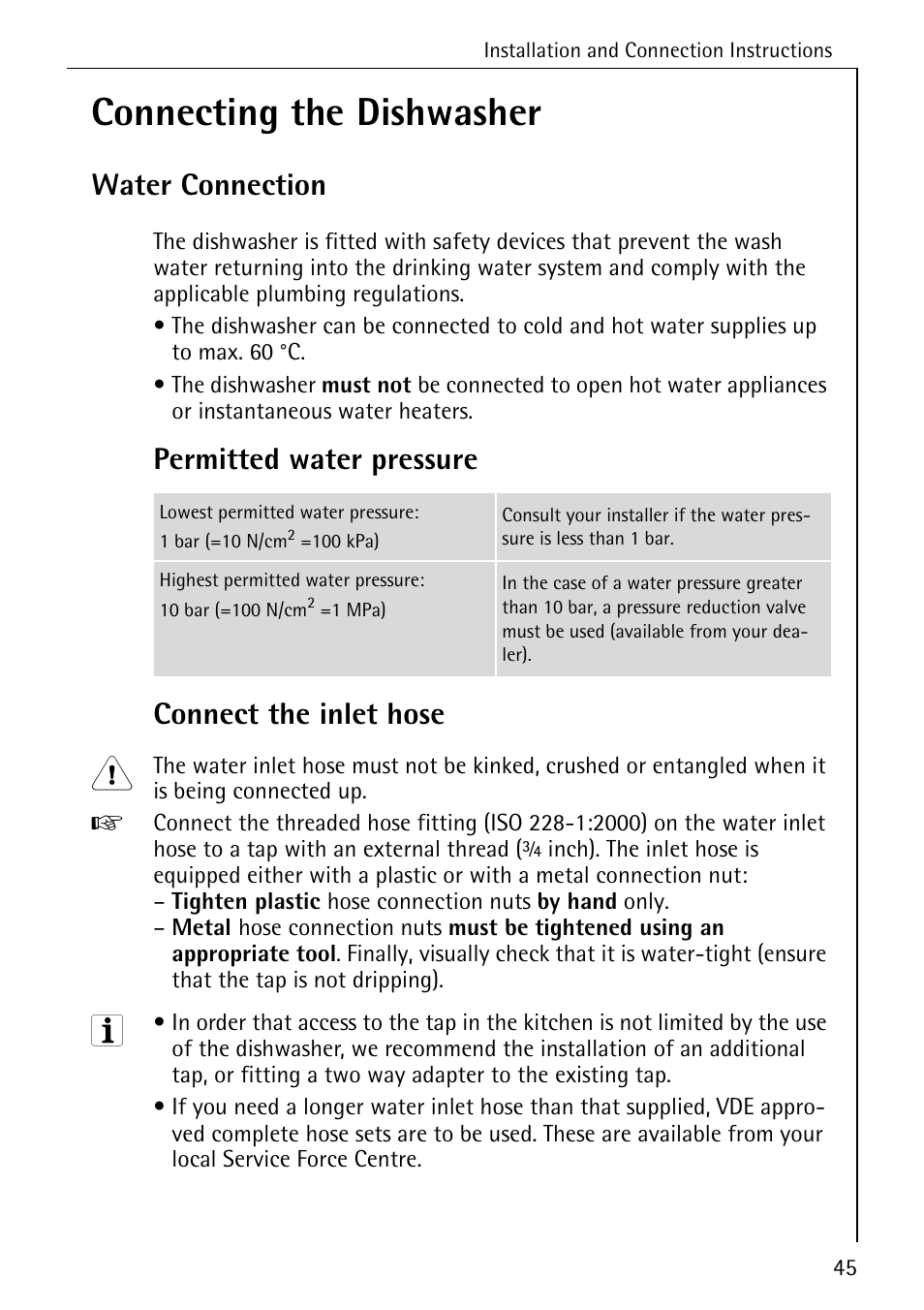 Connecting the dishwasher, Water connection, Permitted water pressure connect the inlet hose | AEG FAVORIT 88050 I User Manual | Page 45 / 56