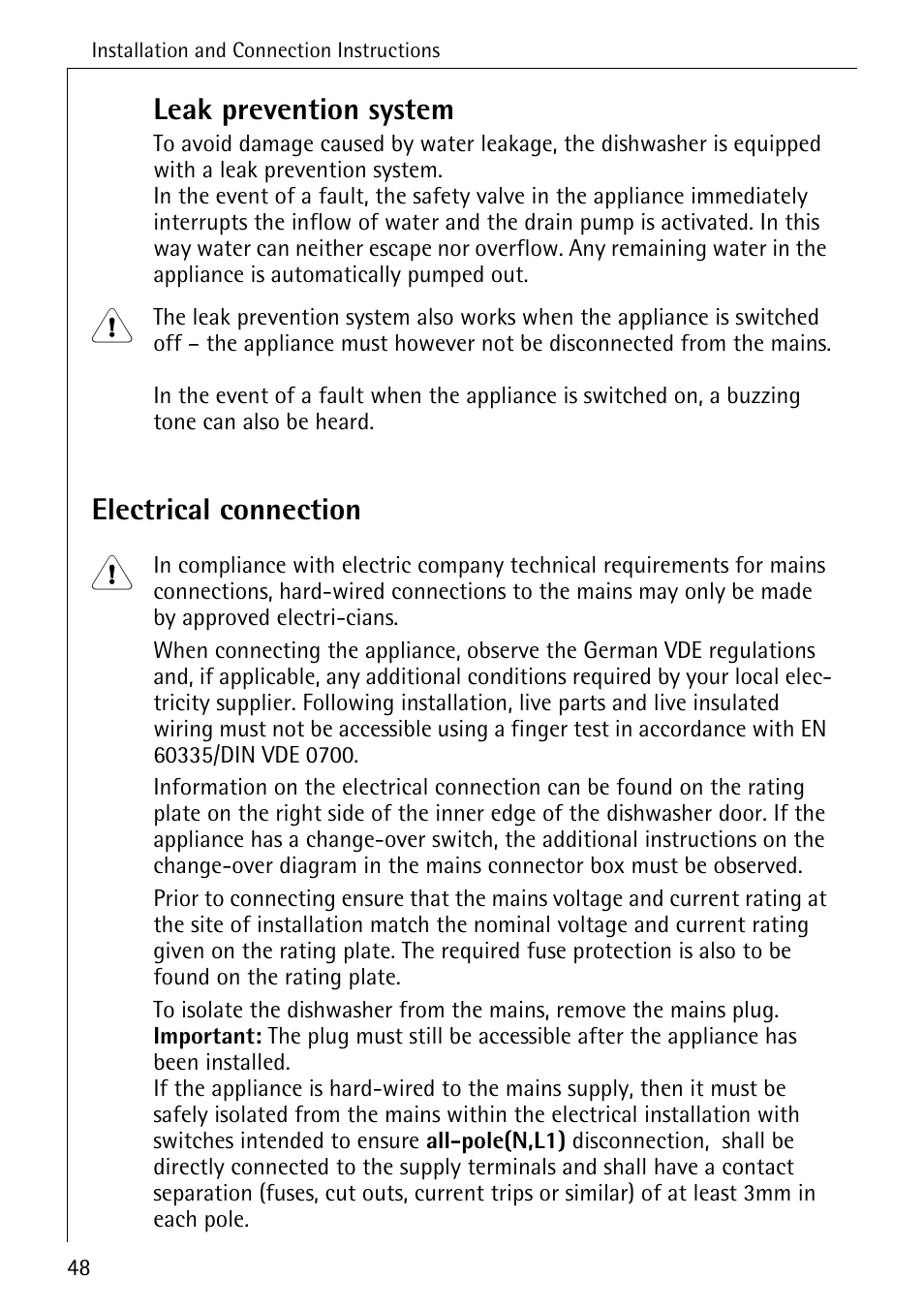 Leak prevention system, Electrical connection | AEG FAVORIT 88050 I User Manual | Page 48 / 56
