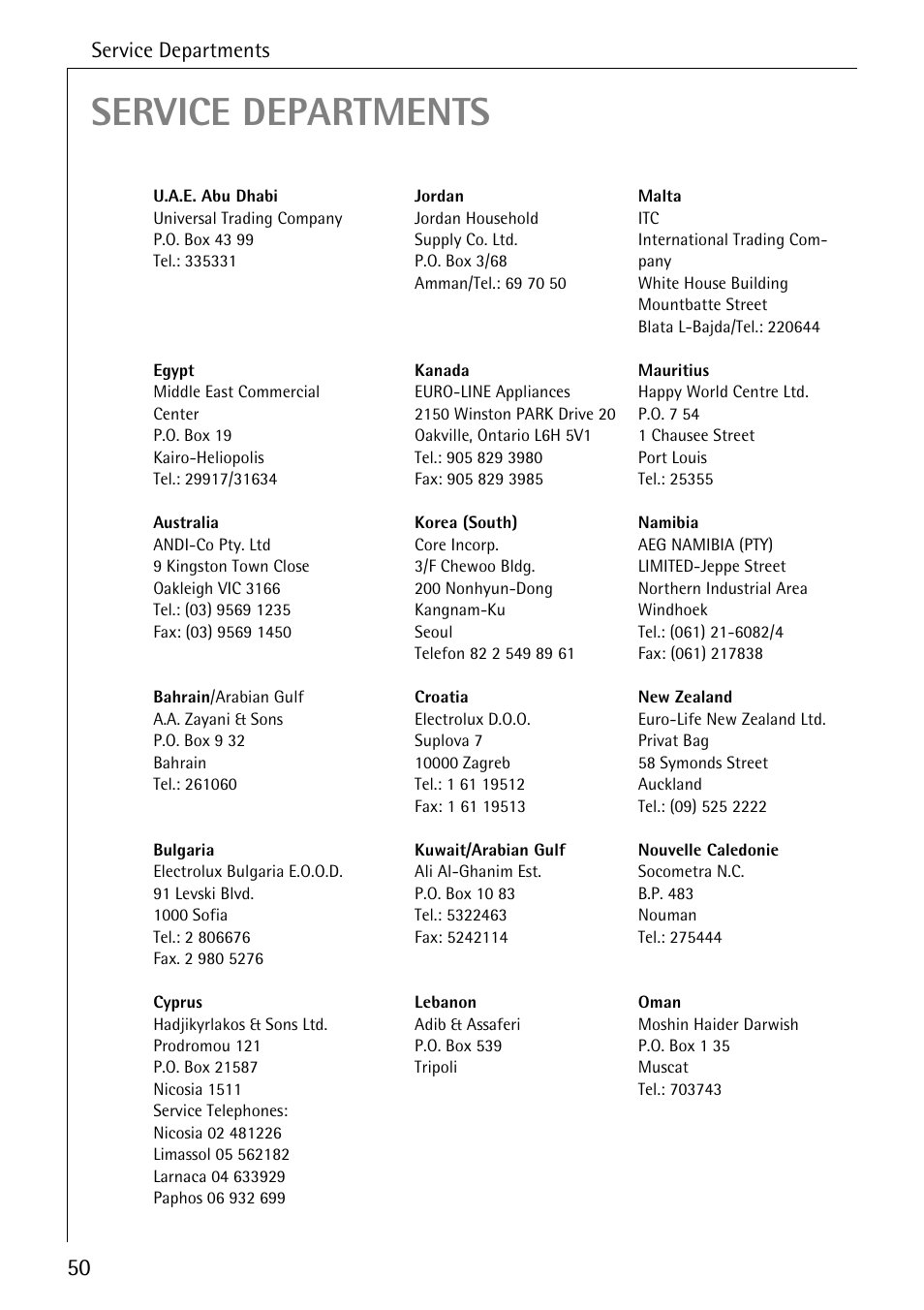 Service departments | AEG FAVORIT 88050 I User Manual | Page 50 / 56