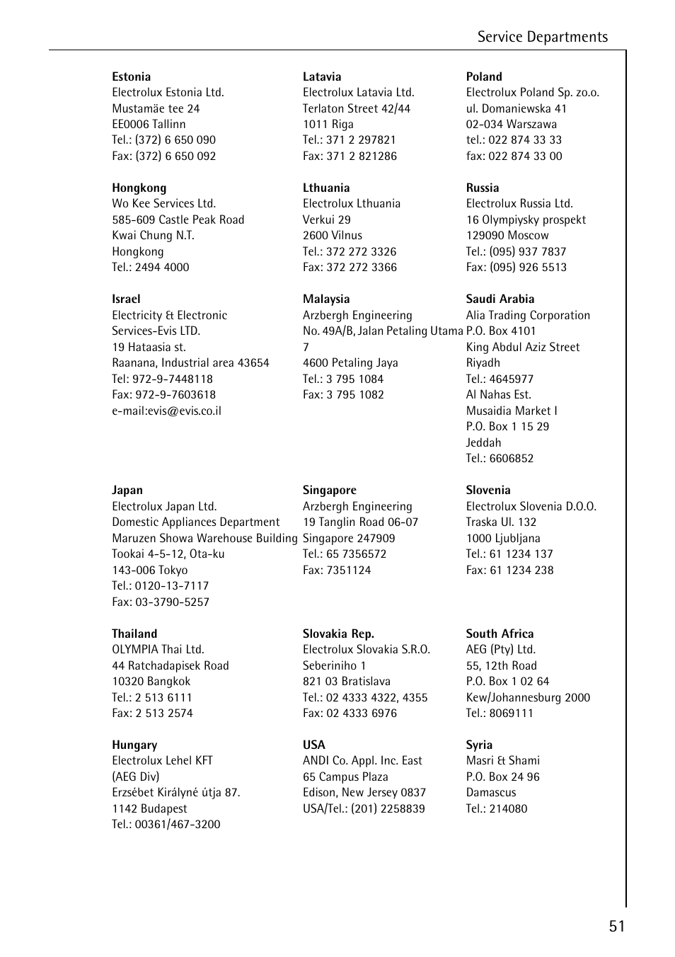 Service departments | AEG FAVORIT 88050 I User Manual | Page 51 / 56