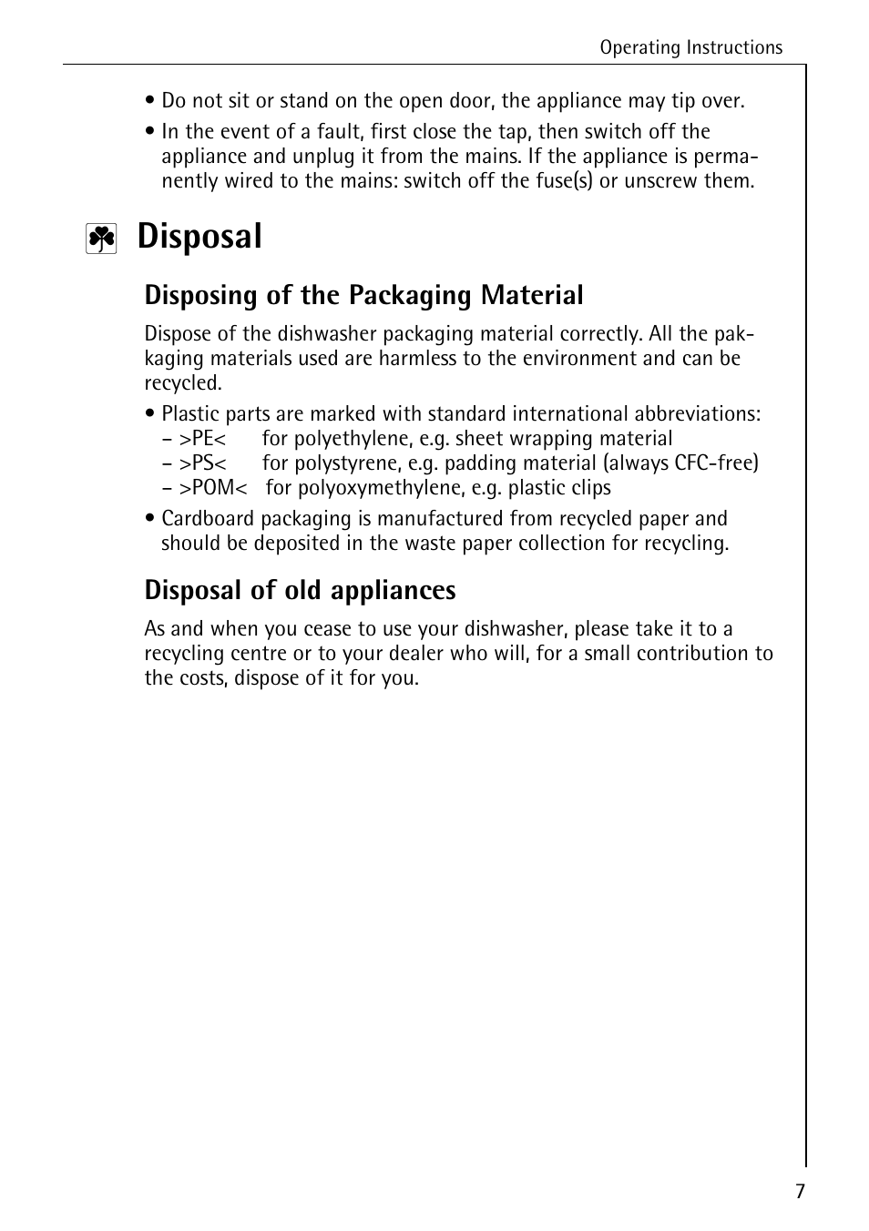 Disposal, Disposing of the packaging material, Disposal of old appliances | AEG FAVORIT 88050 I User Manual | Page 7 / 56