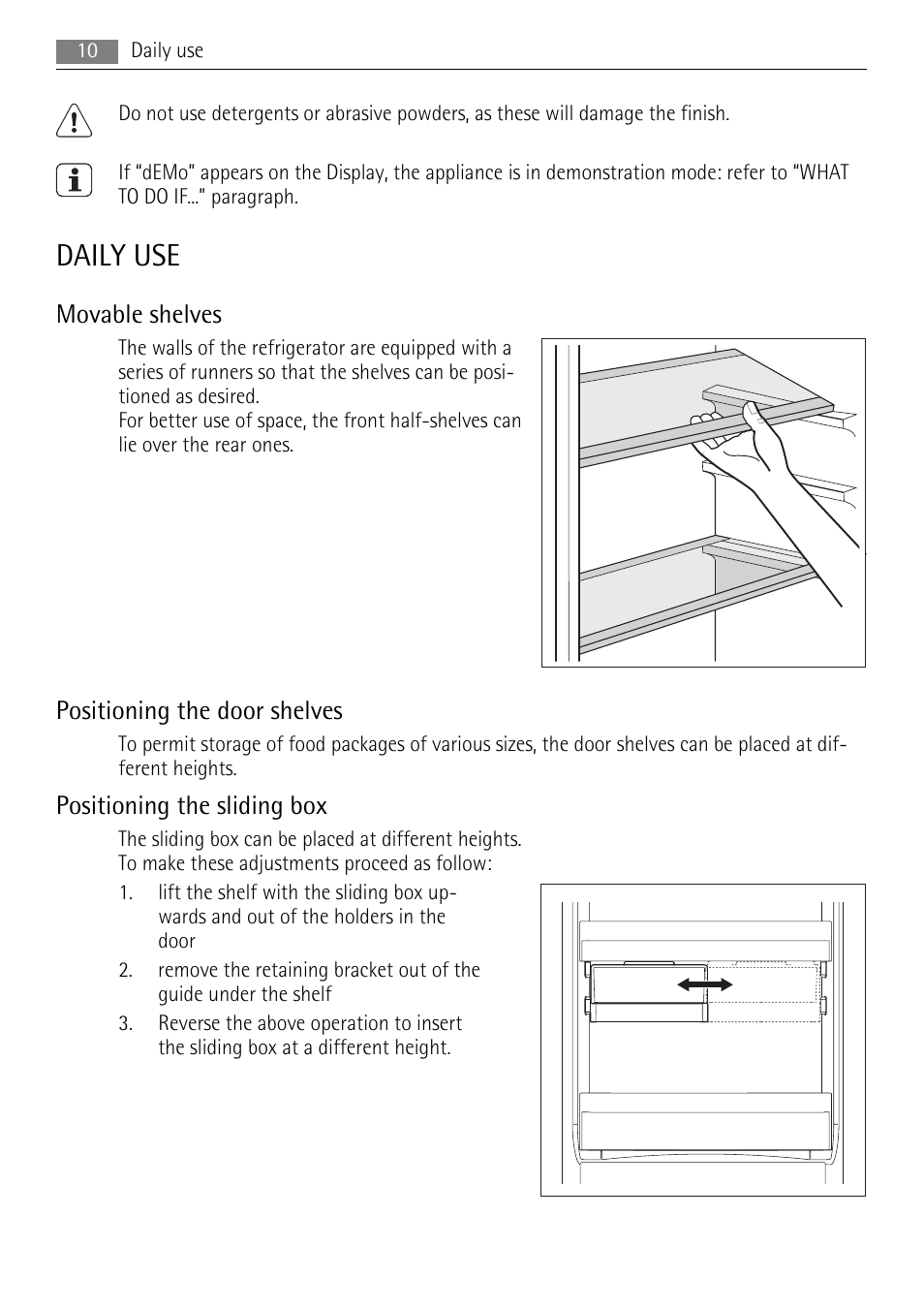 Daily use, Movable shelves, Positioning the door shelves | Positioning the sliding box | AEG SKS71200F0 User Manual | Page 10 / 20