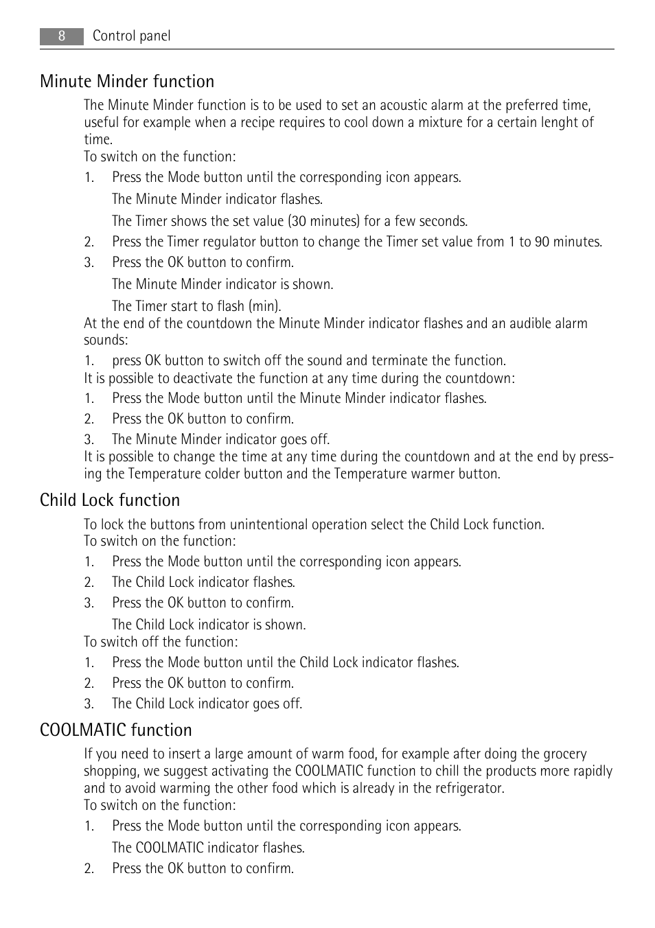 Minute minder function, Child lock function, Coolmatic function | AEG SKS71200F0 User Manual | Page 8 / 20