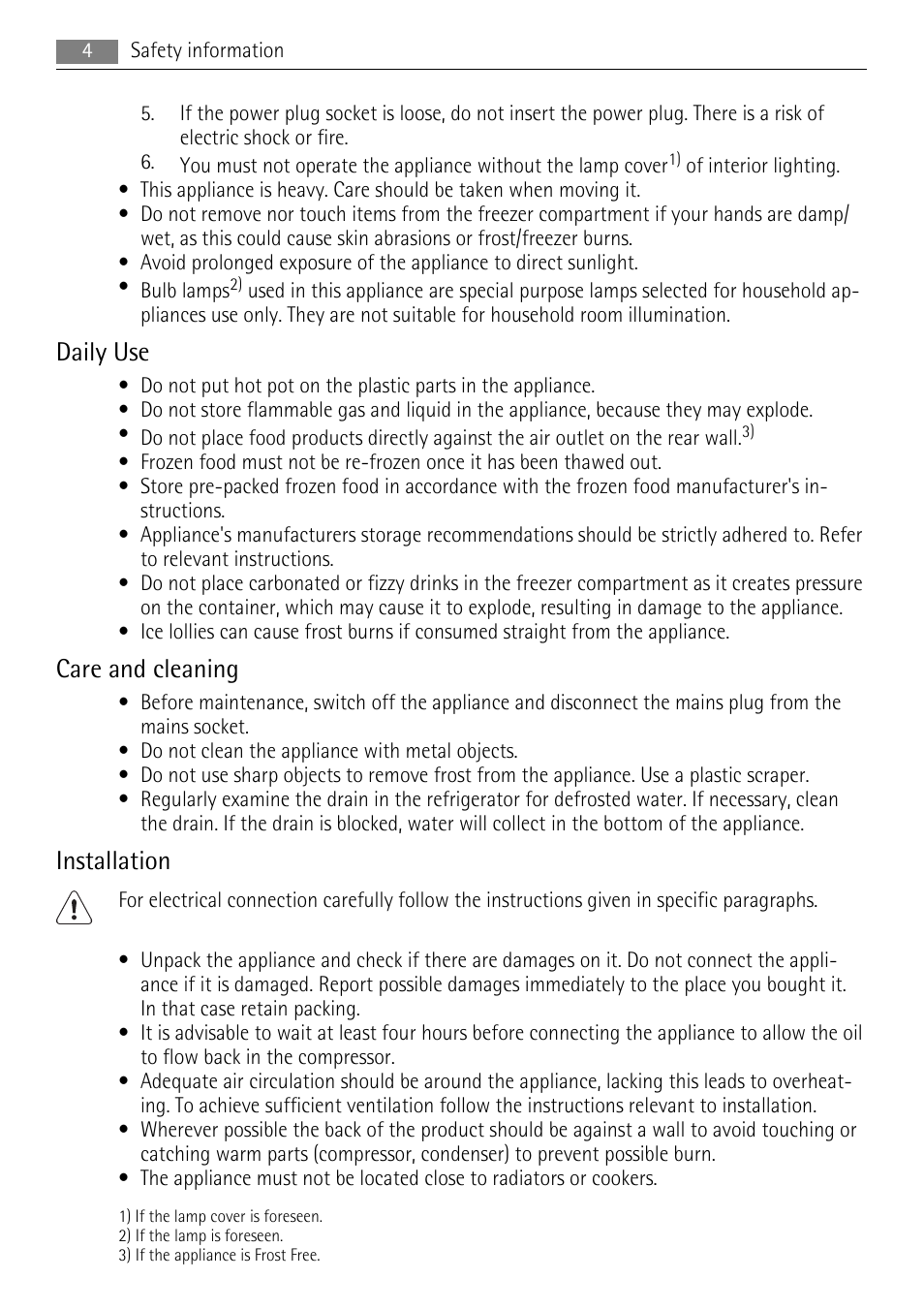 Daily use, Care and cleaning, Installation | AEG SU96040-6I User Manual | Page 4 / 16