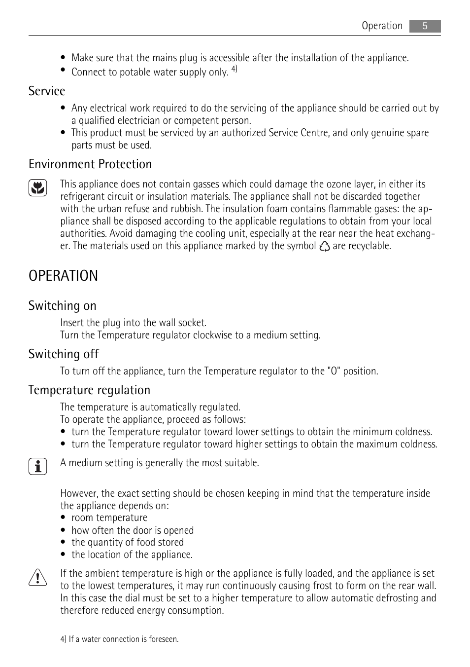 Operation, Service, Environment protection | Switching on, Switching off, Temperature regulation | AEG SU96040-6I User Manual | Page 5 / 16