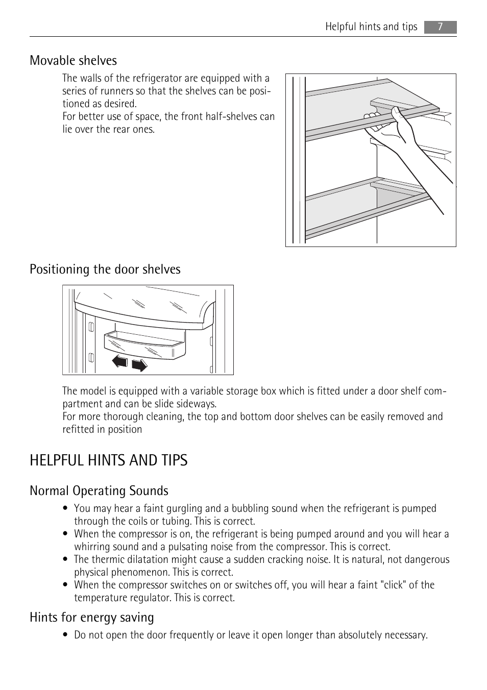 Helpful hints and tips, Movable shelves, Positioning the door shelves | Normal operating sounds, Hints for energy saving | AEG SU96040-6I User Manual | Page 7 / 16