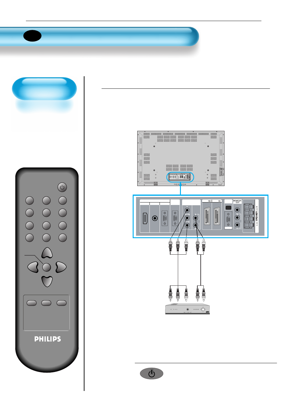 Visualizar emisiones digitales, Pulse el botón de encendido, Conexión de un receptor de emisión digital al pdp | Receptor de emisión digital(set-top box), Video, Audio | Philips Monitor de plasma User Manual | Page 13 / 59