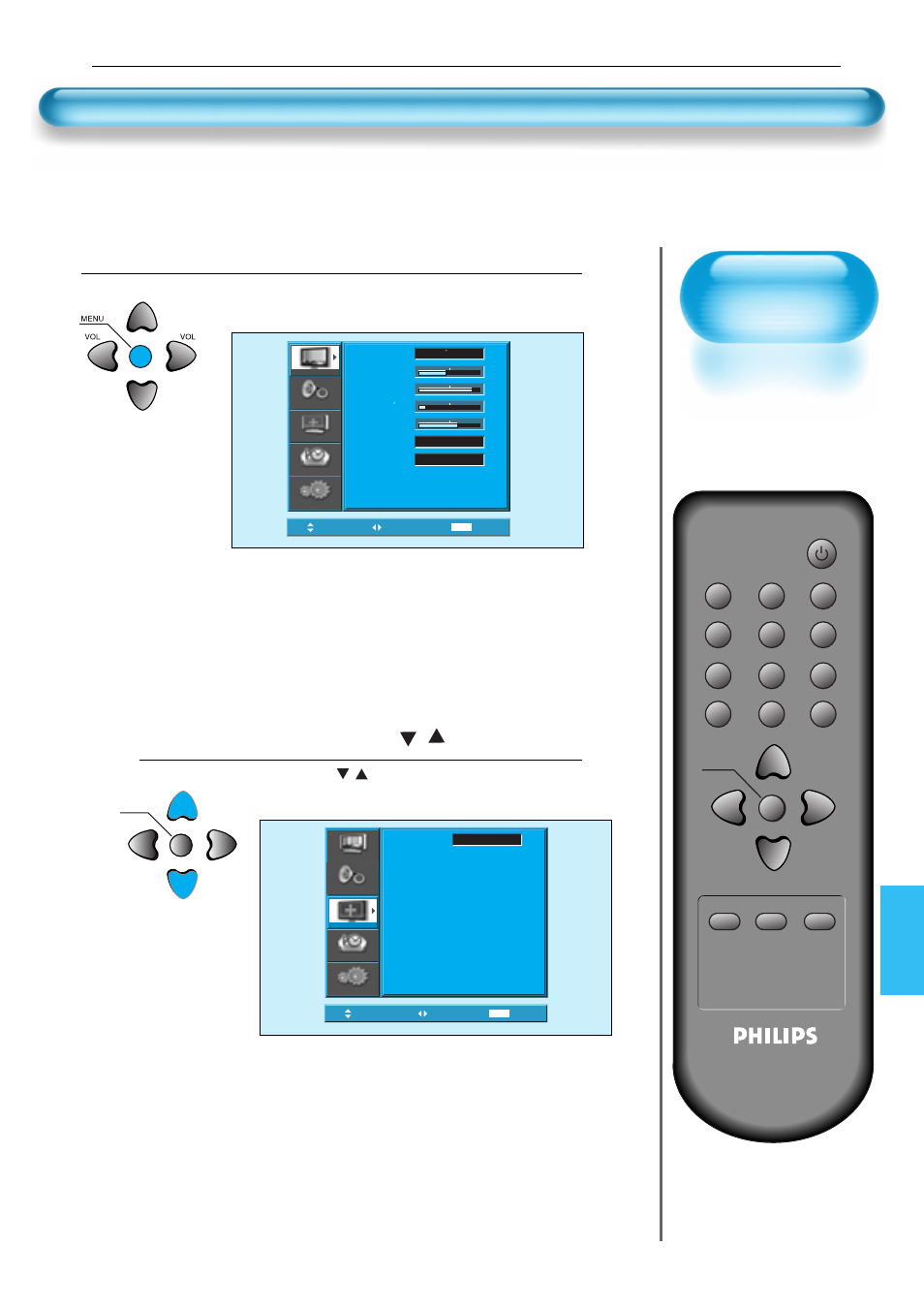 Ajuste de la pantalla, Pulse el botón menú, Pulse los botones de | Puede ajustar la pantalla en el menú, Aparecerá la siguiente pantalla del menú, Pulse los i | Philips Monitor de plasma User Manual | Page 36 / 59