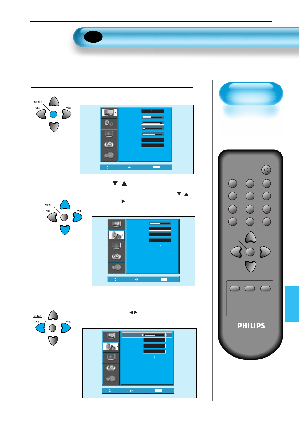 Personalización del modo de sonido, Pulse el botón, Seleccione sound balance (balance de sonido) | Pulse el botón menú, Seleccione [sound (sonido)] con el botón, Aparecerá la pantalla del siguiente menú | Philips Monitor de plasma User Manual | Page 42 / 59