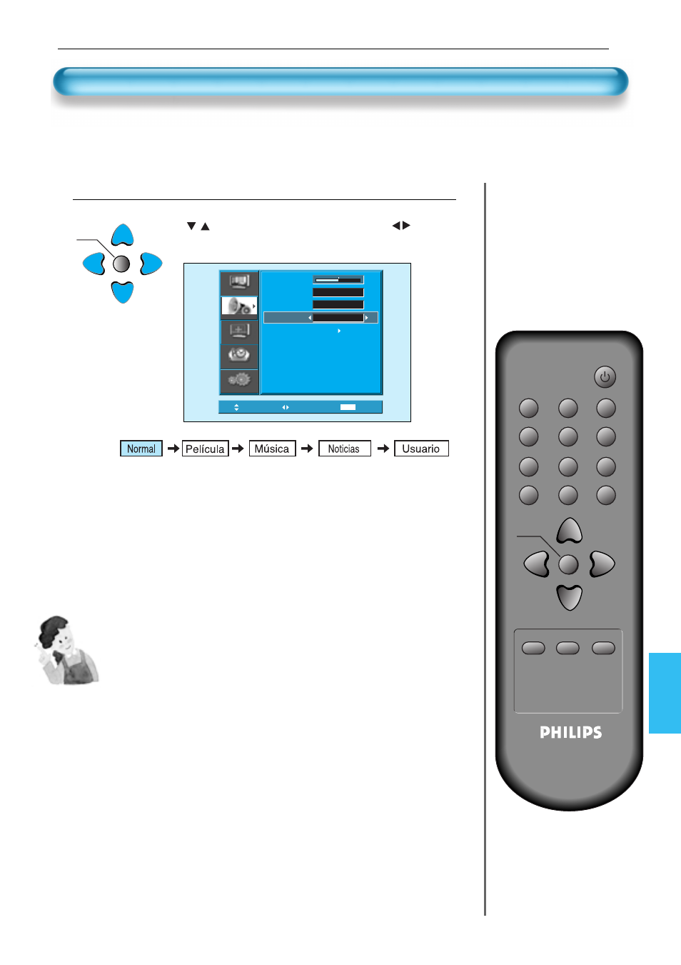 Personalización del modo de sonido, Seleccionar el modo de sonido, Observaciones | Y a continuación ajústelo con el botón | Philips Monitor de plasma User Manual | Page 44 / 59