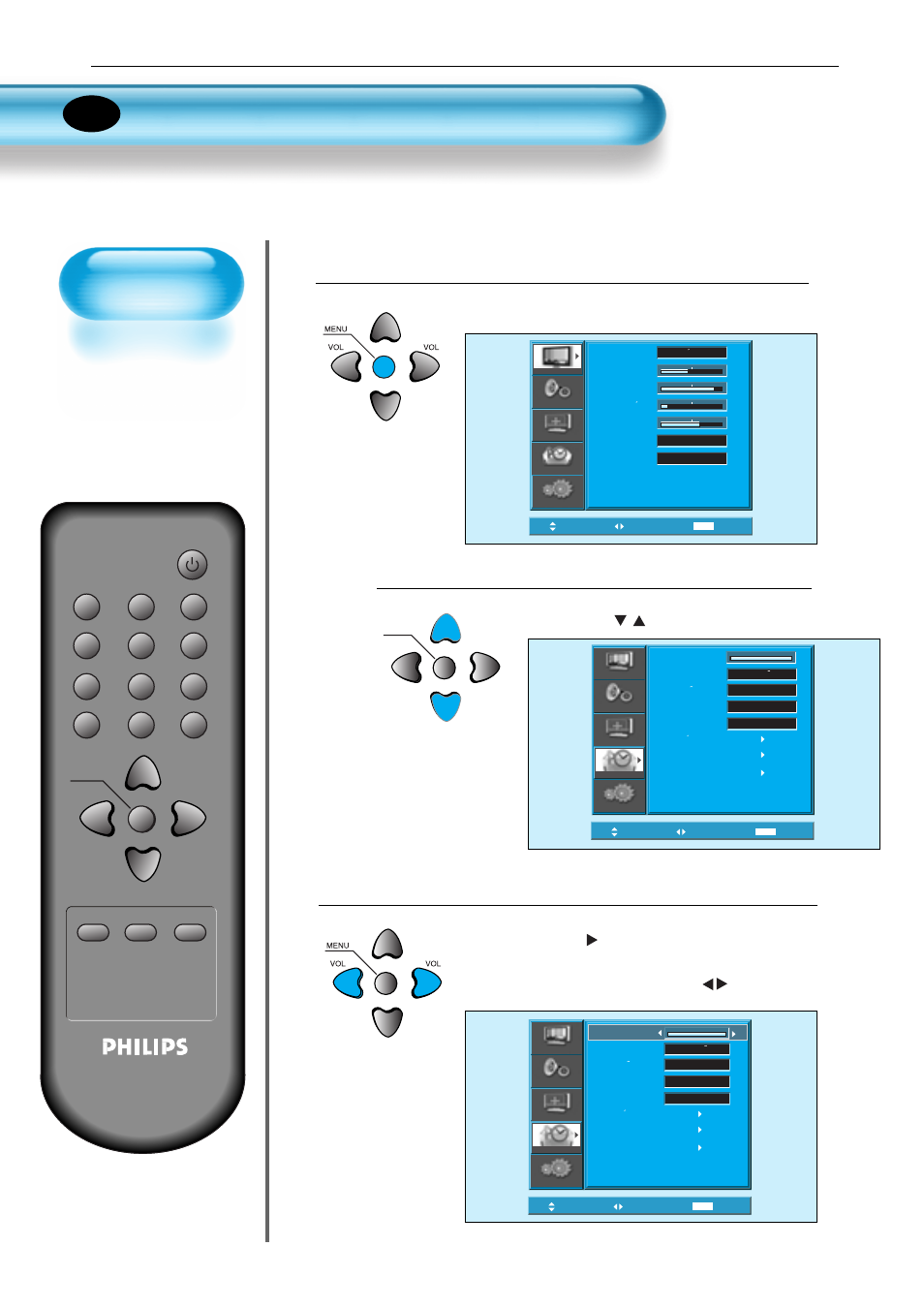 Pulse el botón menú, Pulse los botones de “features, Seleccione el menú fondo de pantalla | Selección de idiomas, Aparecerá la pantalla del siguiente menú | Philips Monitor de plasma User Manual | Page 47 / 59