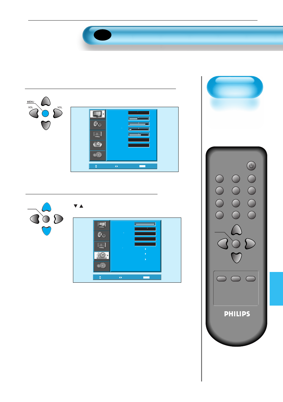 Restablecimiento de los valores, Pulse el botón menú, Seleccione features (caracte.) | Vuelta a inicialización, Aparecerá la pantalla del siguiente menú, Seleccione [features (caracte.)] con el botón | Philips Monitor de plasma User Manual | Page 56 / 59